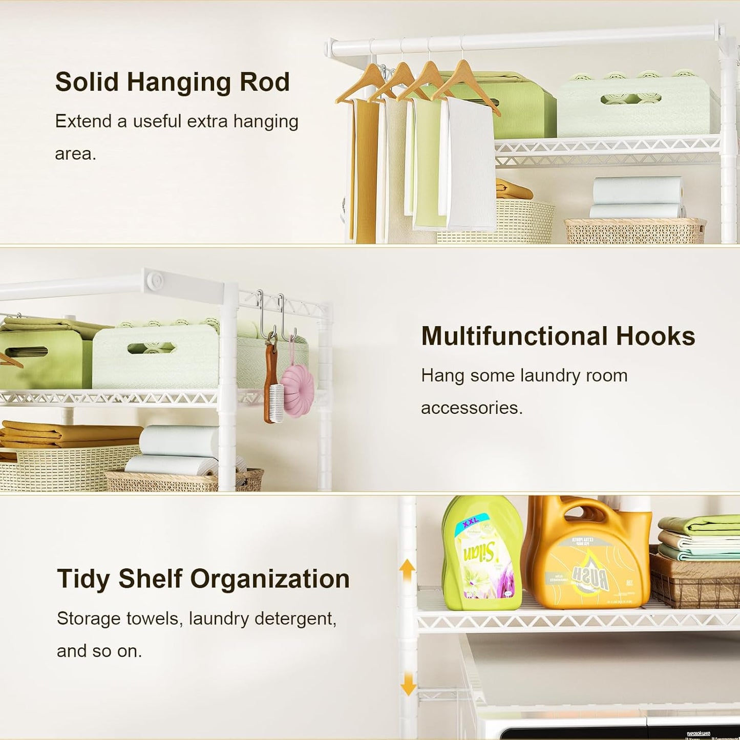 Ulif U11 Over Washer and Dryer Shelves, 3 Tiers Laundry Room Storage and Organizer Standing Shelf, Metal Freestanding Clothes Drying Rack, 33.9" W x 19.7" D x 77.6" H, White