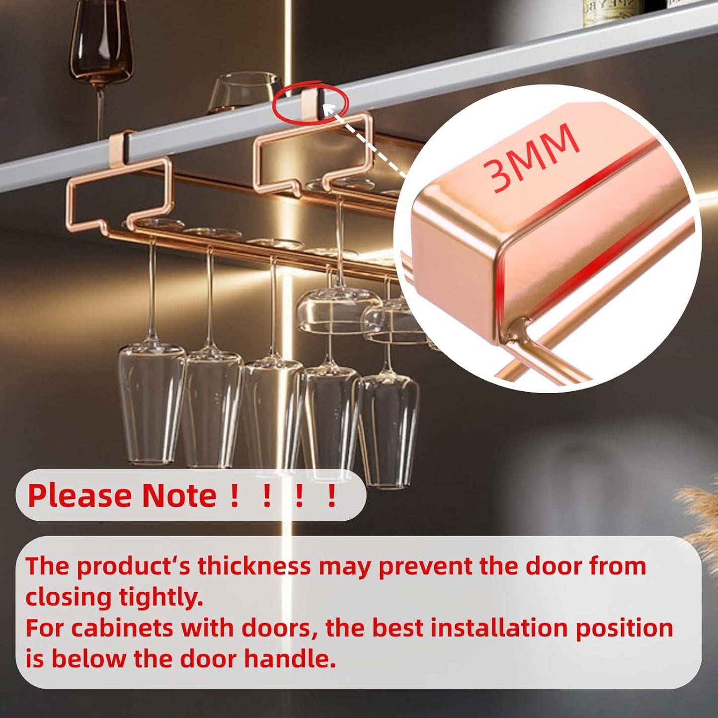 LINFIDITE 2 Pack Under Cabinet Wine Glass Rack Rose Gold Wine Glass Holder Stemware Rack Hanger Kitchen Hanging Storage Rack Organizer