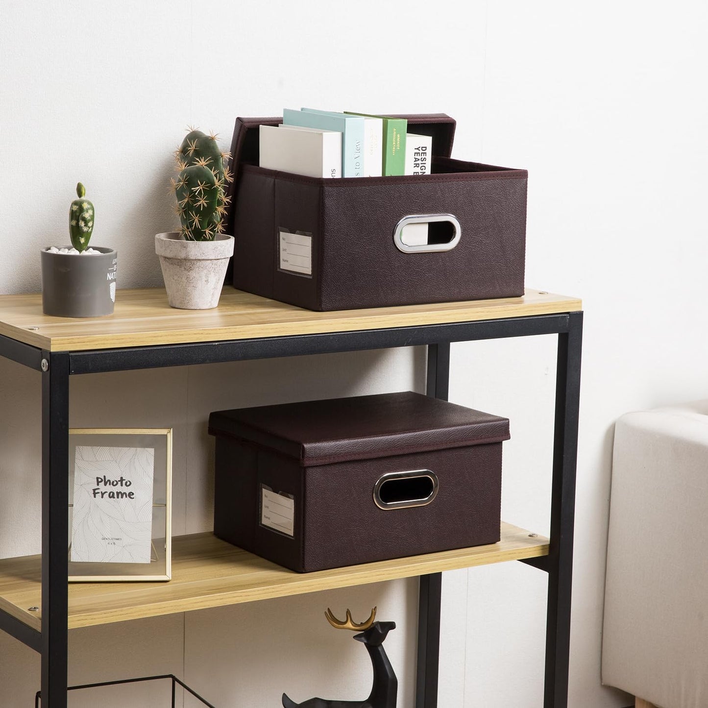 PRANDOM Collapsible Storage Box with Lid [1-Pack] Leather Fabric Foldable Storage Bin Organizer Container Basket Cube with Cover for Home Bedroom Closet Office Nursery Brown (13.6x9.6x6.9)