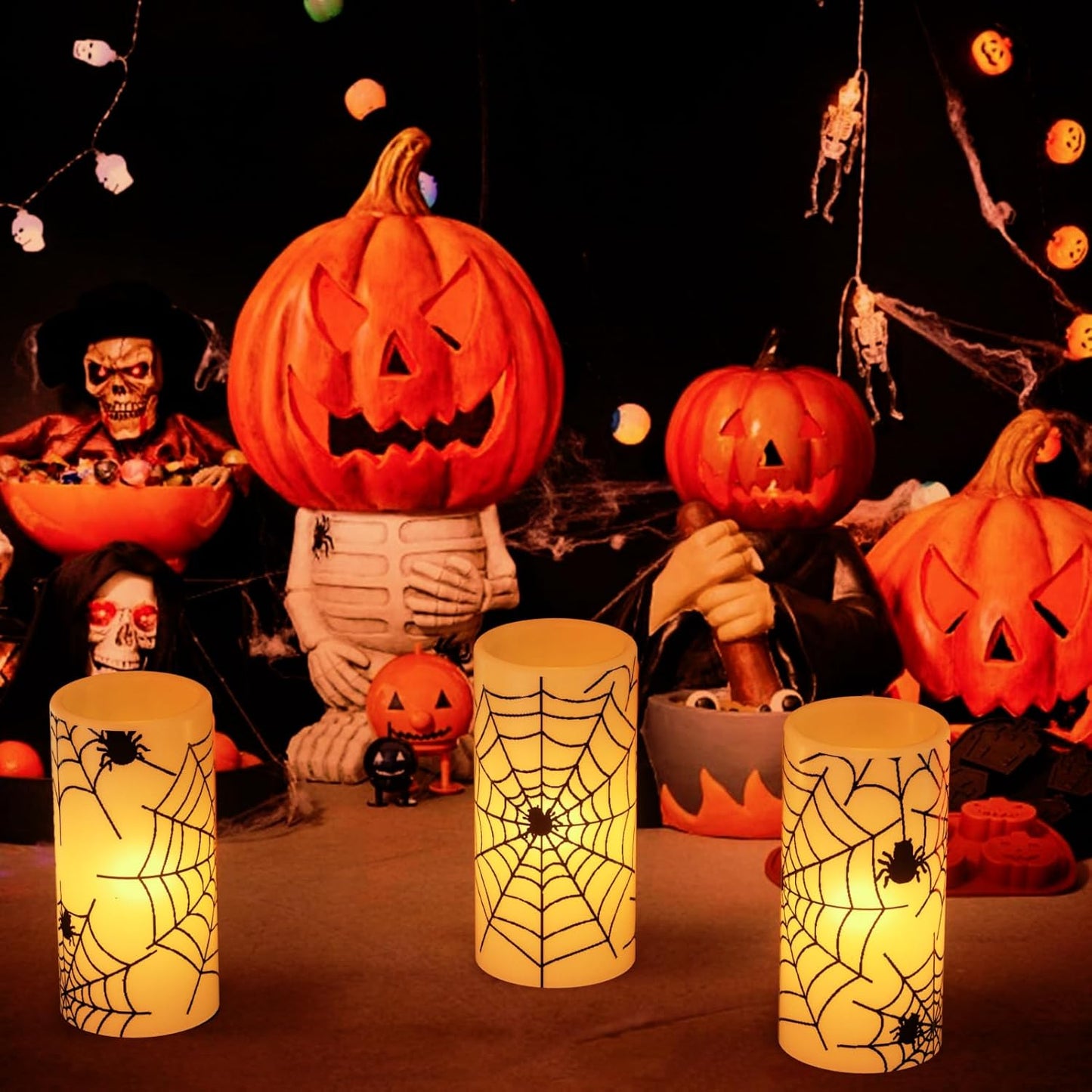 Wondise Halloween Flickering Flameless Candles with Spider Decals, Battery Operated Candles with 6hrs Timer, Real Wax Halloween LED Candles for Horror Spooky Halloween Home Decoration(Set of 3, 3"x6")