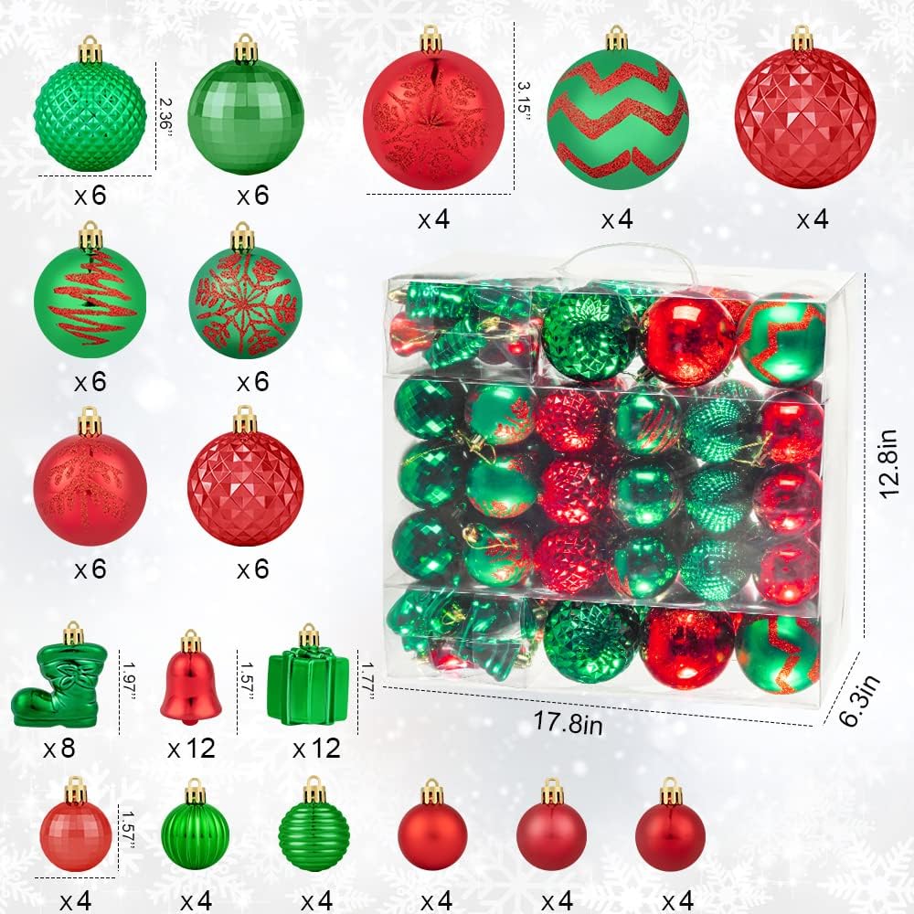 116Pcs Green and Red Christmas Ball Ornaments, Shatterproof Christmas Hanging Decoration Set with Gift Box, Assorted Decorative Baubles Set for Xmas Tree/Home/Wedding/Party/Holiday (Red & Green)