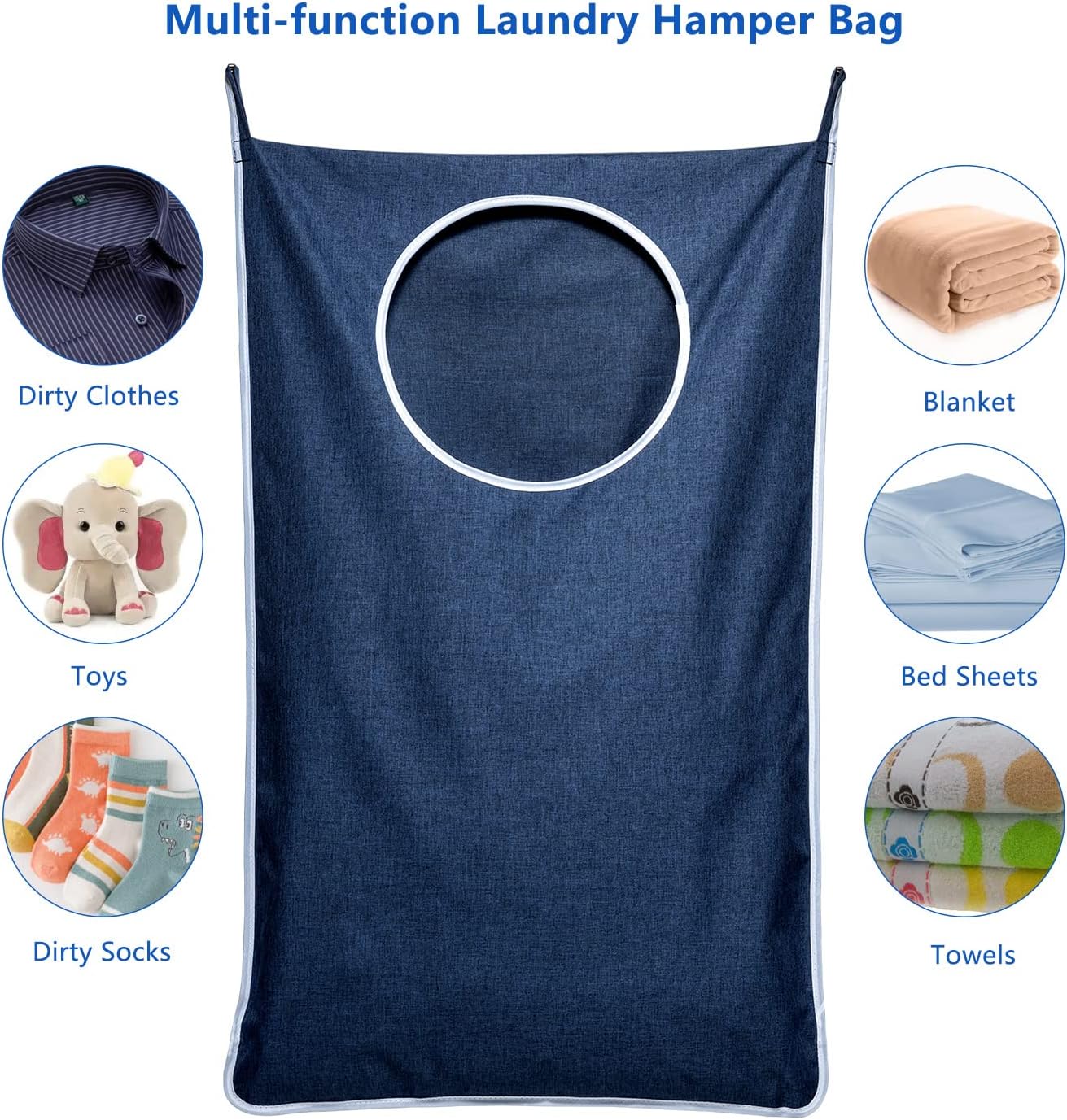 KEEPJOY XL Hanging Laundry Hamper Bag, Hanging Hamper with 2 Strong Hooks for Dirty clothes Door Hanging Laundry bag Large Size 36X22 inch (Blue-1Pack)