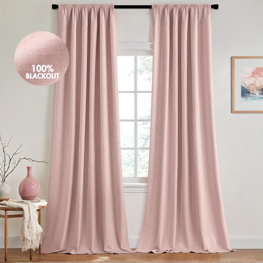 MIULEE 100% Blackout Curtains 90 Inch Long 2 Panels for Bedroom, Thick Luxury Faux Linen Black Out Curtain Room Darkening Back Tab Pleat Window Textured Drapes with Hooks for Living Room, Baby Pink