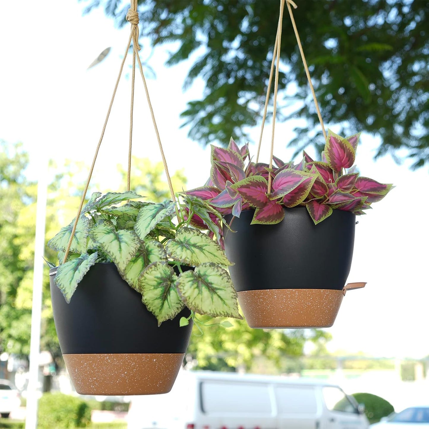 10 Inch Self Watering Hanging Pots, 2 Pack Hanging Planters with 40oZ Deep Reservior for Indoor Outdoor Plants Flowers, Black with Brown