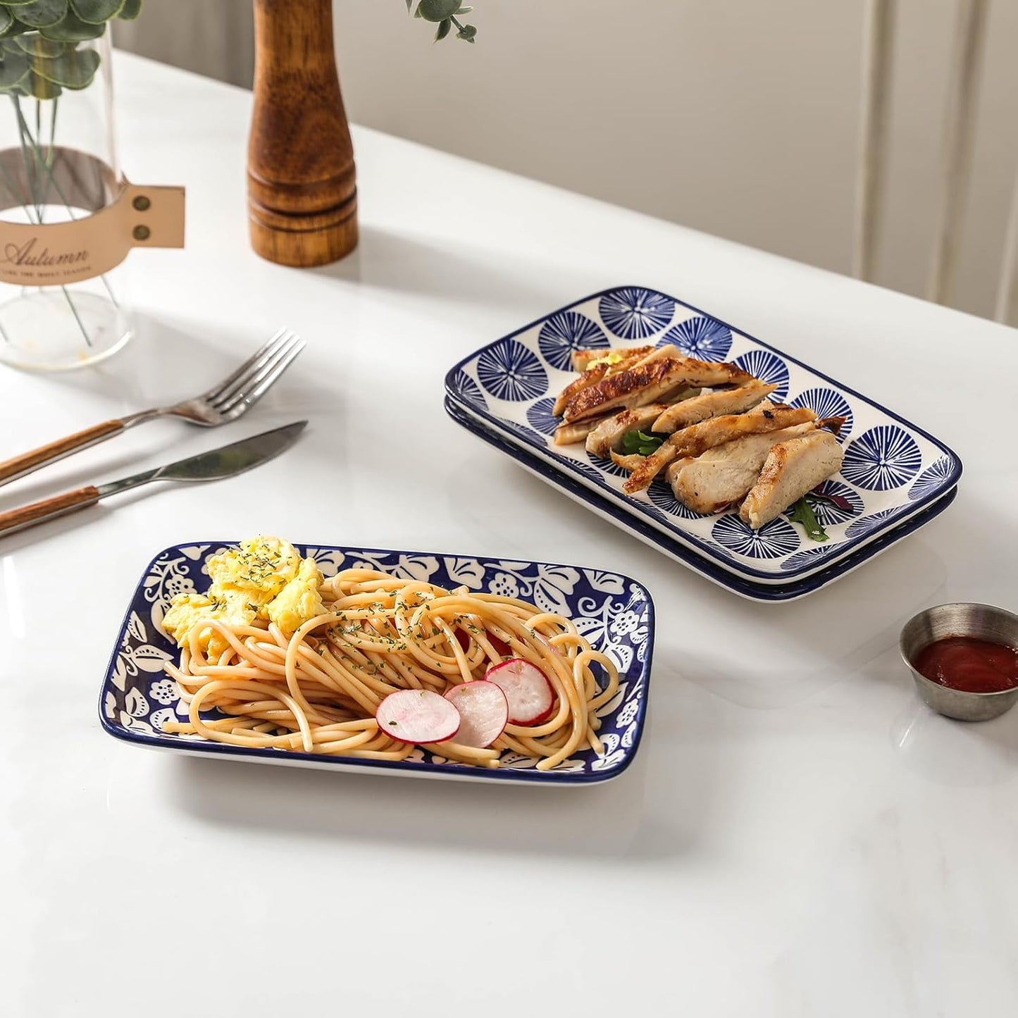 Selamica Ceramic Rectangular Salad Plates Set, Dinner Plate 9.4 Inch Dessert Plates for Party Entertaining, Small Serving Plates for Appetizers, Sushi, Fruit, Set of 4, Vintage Blue