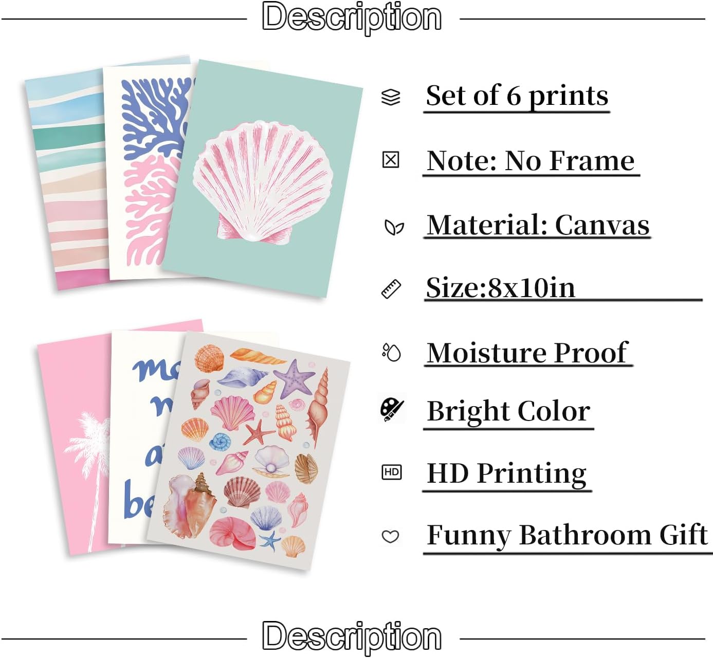 6 Pcs Coastal Beachy Wall Art Tropical Summer Shell Ocean Paintings Prints Posters Trendy Pink Preppy Palm Tree Canvas Wall Decor Aesthetic for Bedroom Living Room Dorm Apartment 8x10inch Unframed