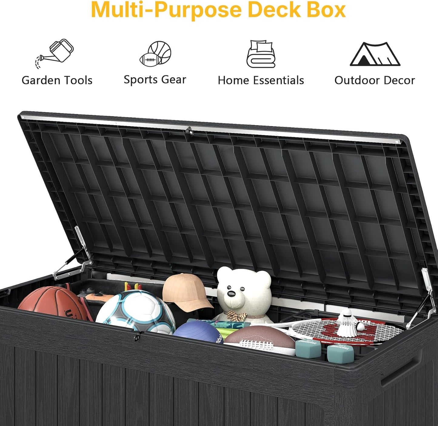 260 Gallon Deck Box Lockable, Outdoor Storage Box Waterproof and UV Resistant, Large Patio Storage Box with 1000 lbs Capacity, for Garden, Patio Furniture, Pool (Black)
