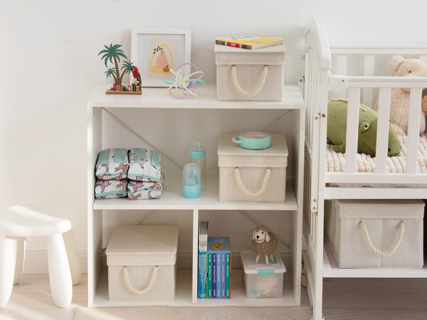 StorageWorks Storage Bins with Lids, Decorative Storage Boxes with Lid and Soft Rope Handles, Foldable Storage Baskets for Closet, Shelves, Stackable, Ivory and White, Medium, 3-Pack