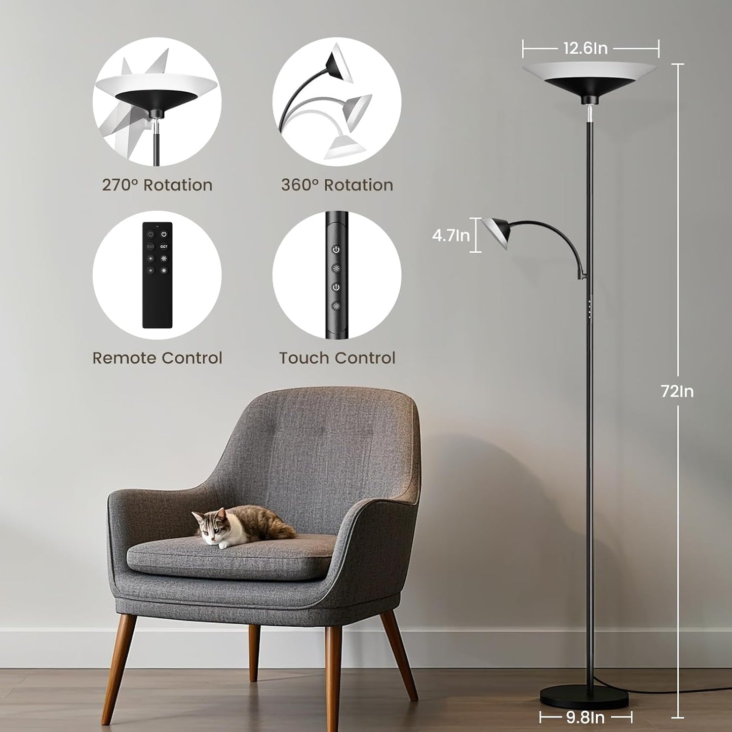 Upgraded 2-in-1 Torchiere Floor Lamp, Dimmable Standing Lamp with Remote&Touch Control, 34W Brightness Adjustable Floor Reading Light, Black Modern Corner Lamp for Living Room Bedroom Office