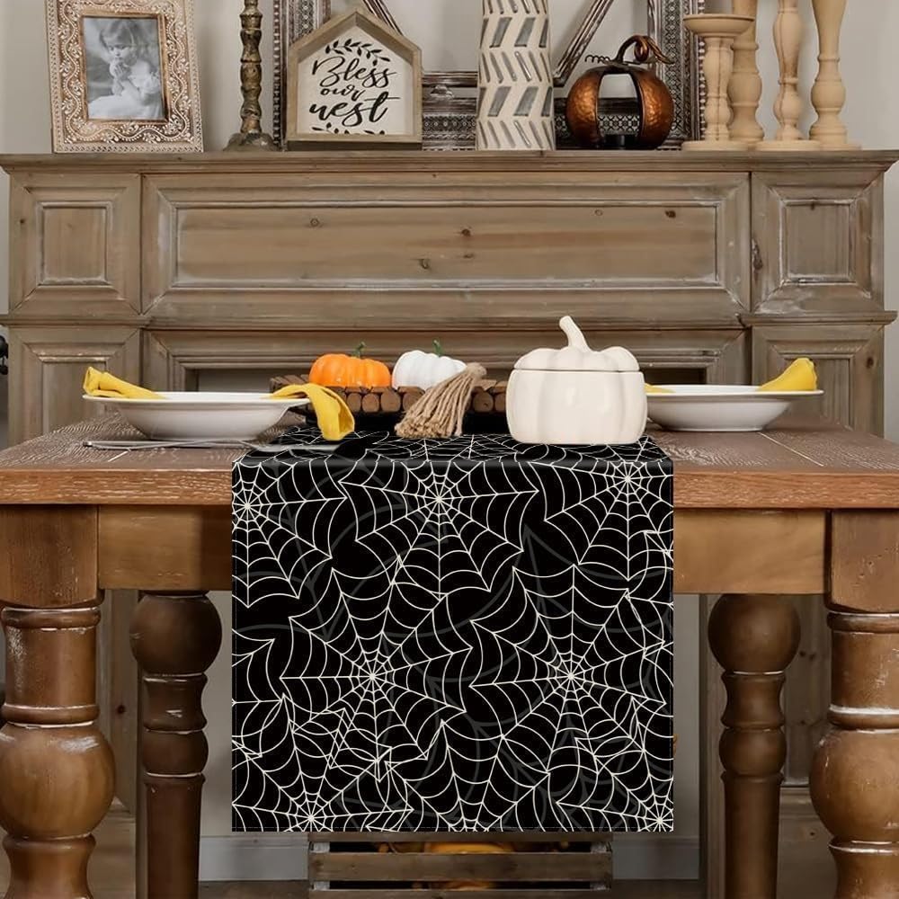 Halloween Table Runner Spider Web Black Linen Table Runners for Seasonal Holidays Indoor Outdoor Kitchen Dining Party Home Decor 13 x 120 Inch