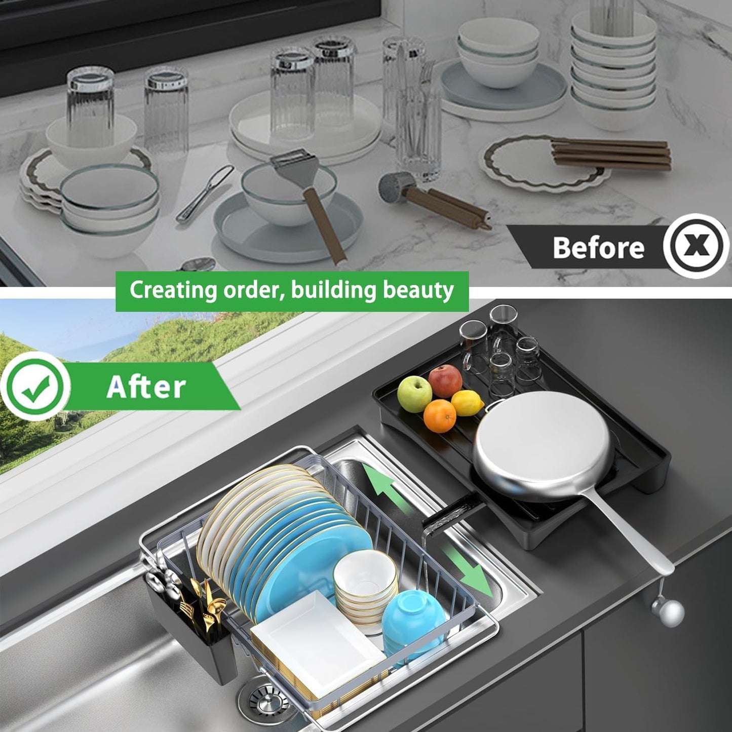 LEMIKKLE Expandable Dish Drying Rack- Space-Saving Dish Rack, Dish Drainers for Kitchen Counter with a Cutlery Holder, Over The Sink Dish Racks Fit for 14’’-19’’ Kitchen Sink Grey