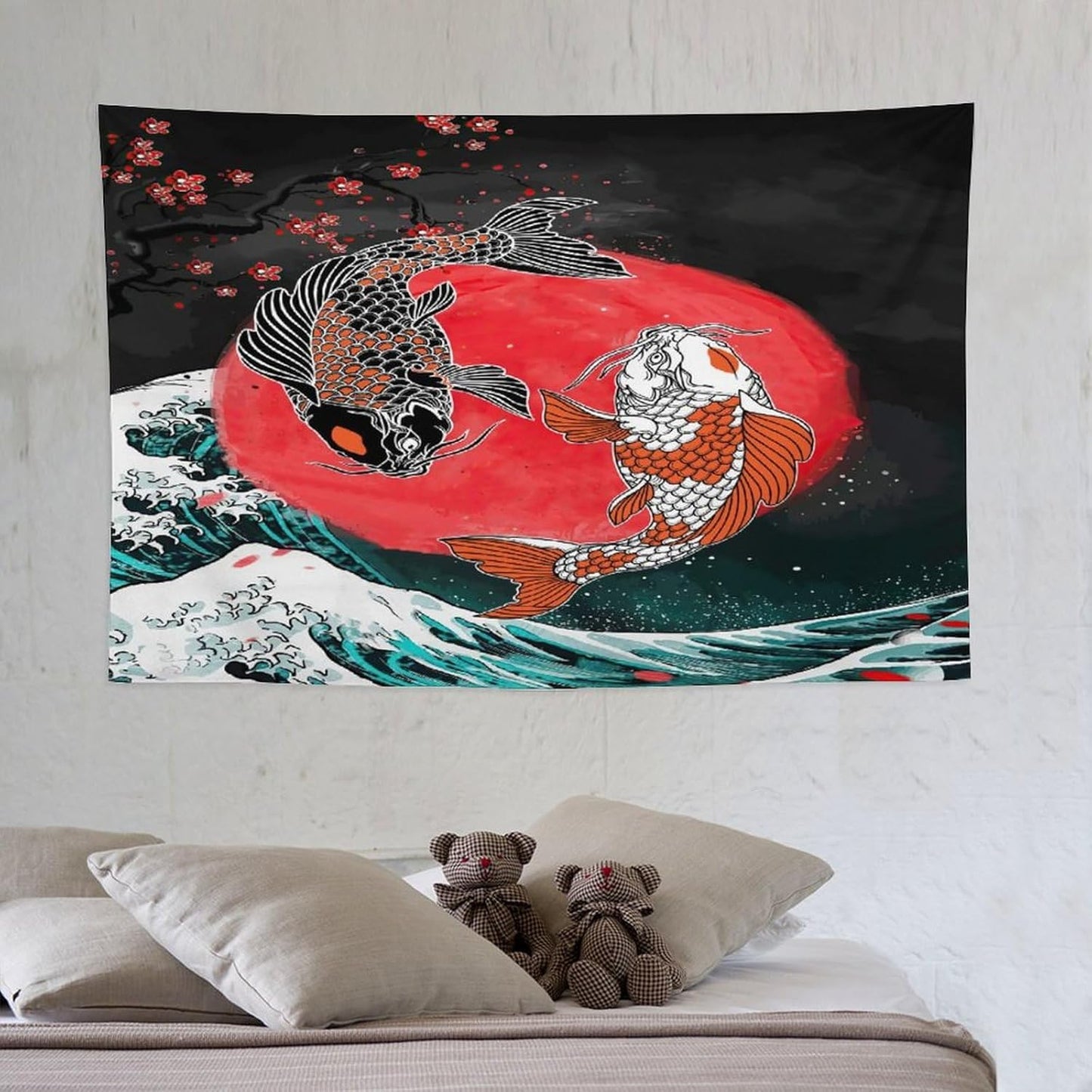 Houselerax Koi Fish Tapestries,Japanese Style Yin Yang Big Wave Cherry Blossoms Tapestry Wall Hanging for Bedroom Living Room Office Decor 60"x40"