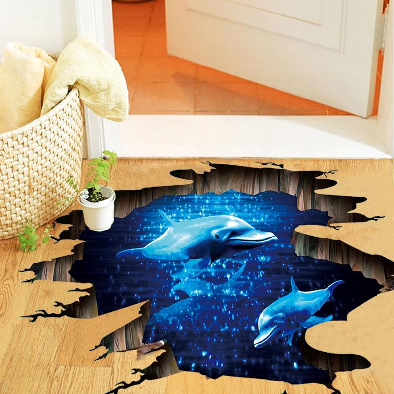 Quanhaigou 3D Wall Decals Stickers Wall Murals Wallpaper Decor for Home Floor Living Room (Blue Dolphin)
