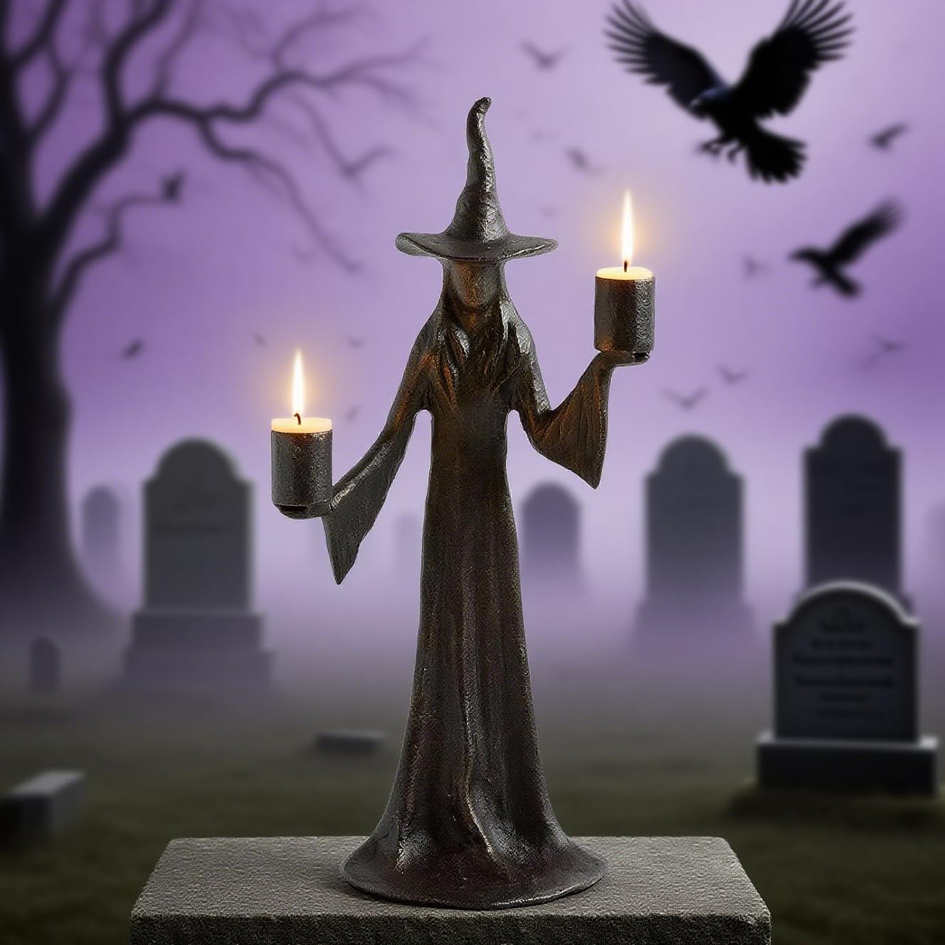 Halloween Witch Candle Holder,Handmade Black Witchs Statue, for Placement in The Table, Witch Halloween Decorations, Window Display