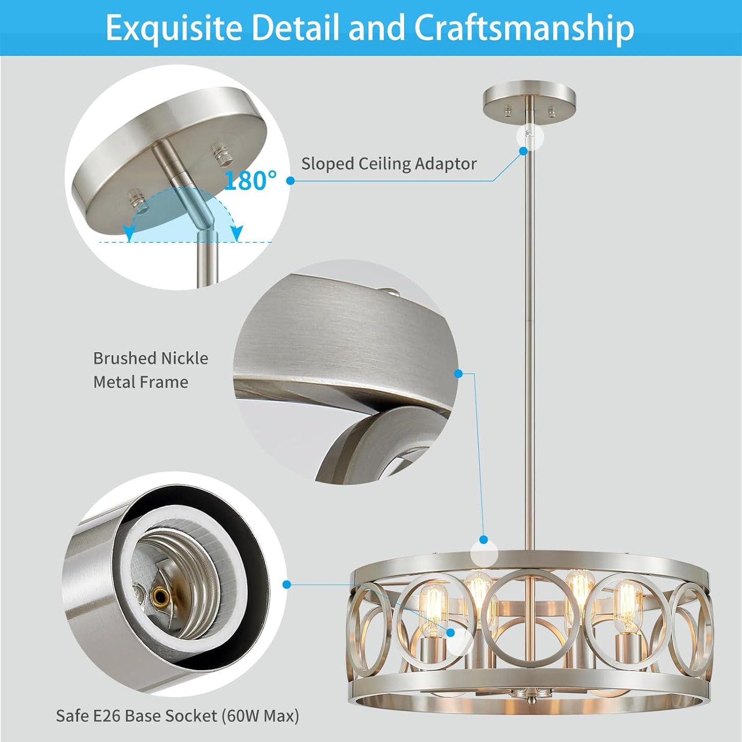 XINGQI 6-Light Modern Farmhouse Chandelier Brushed Nickel, 21.7'' Drum Ceiling Light Fixture for Living Dining Room Over Table with Round Metal Shade Pendant Lighting