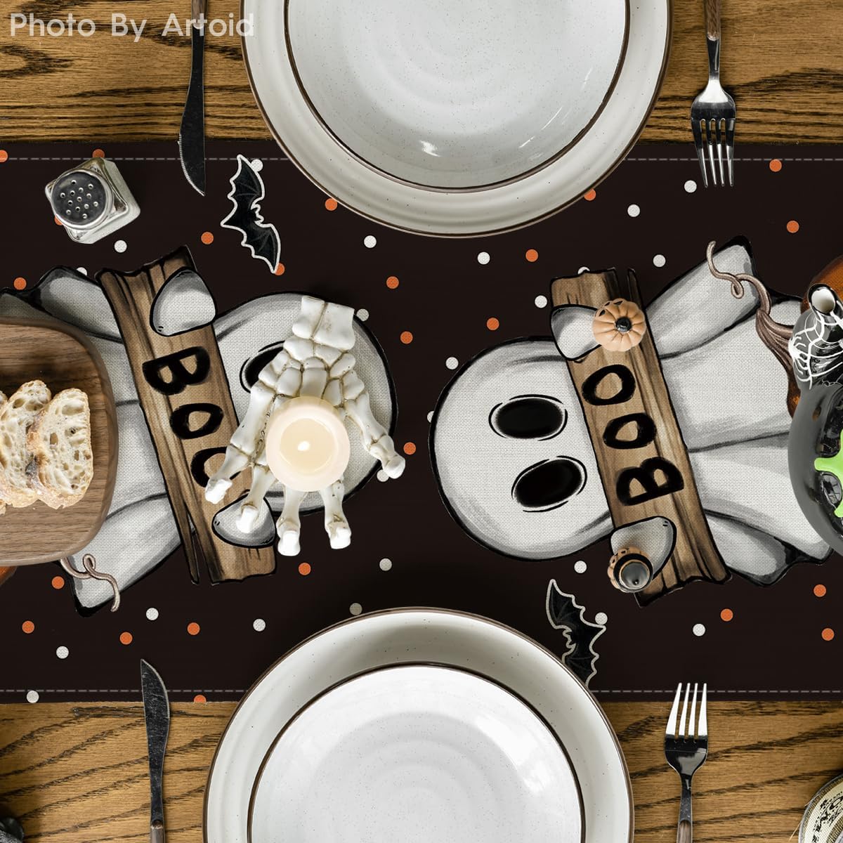 Artoid Mode Polka Dot Ghost Pumpkin Cat Boo Halloween Table Runner, Bat Seasonal Fall Kitchen Dining Table Decoration for Home Party Decor 13x120 Inch