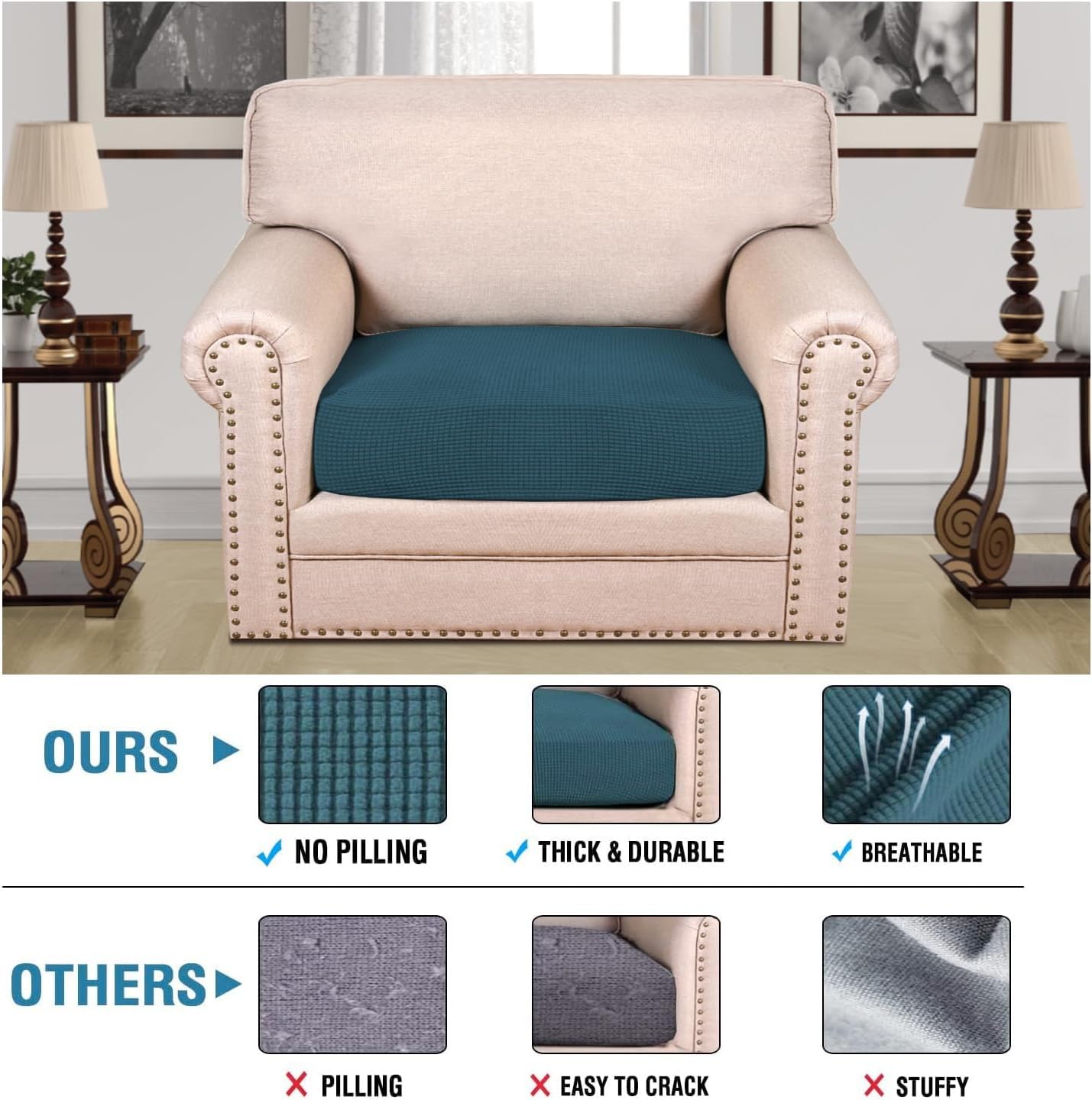 H.VERSAILTEX Super Stretch Individual Seat Cushion Covers Sofa Covers Couch Cushion Covers Slipcover Sets Thick Jacquard Textured Twill Fabric (1 Piece Chair Cushion Cover, Deep Teal)