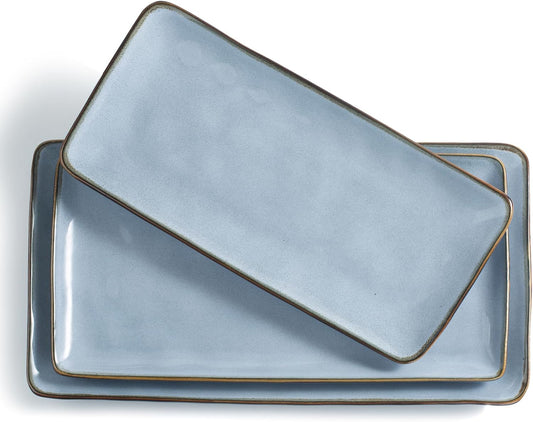 famiware Serving Platter, Rectangular 15.67/14.1/12.6inch Serving Dishes for Entertaining, Reactive Glaze, Stoneware Serving Trays for Party, Food, Turkey, Snack, Cheese, Ocean Series, Blue