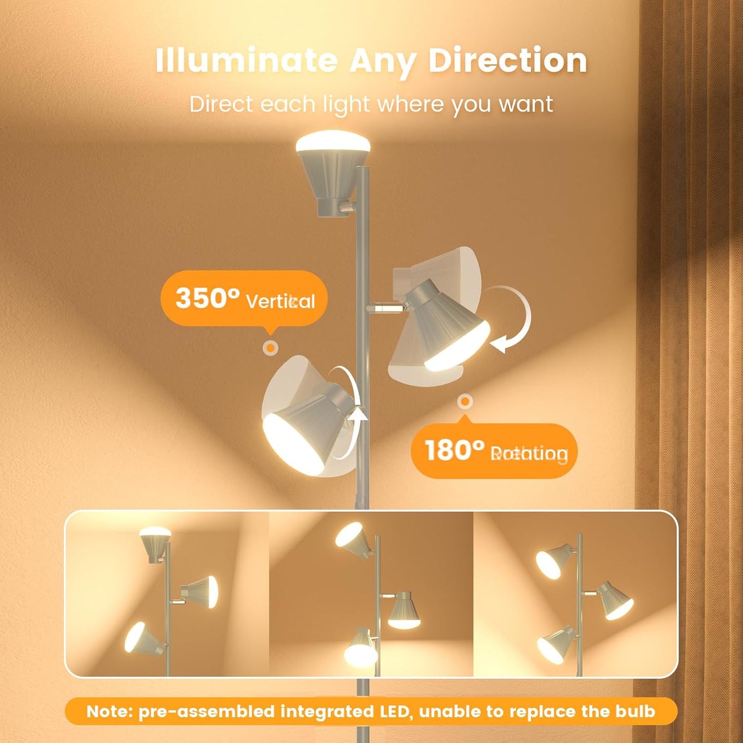 36W LED Tree Floor Lamp, Dimmable Tall Standing Lamp with Remote & Touch Control, 4 Color Temperatures Bright Floor Lamp, 3 Rotatable Light Modern Floor Lamps (Silver Gray)