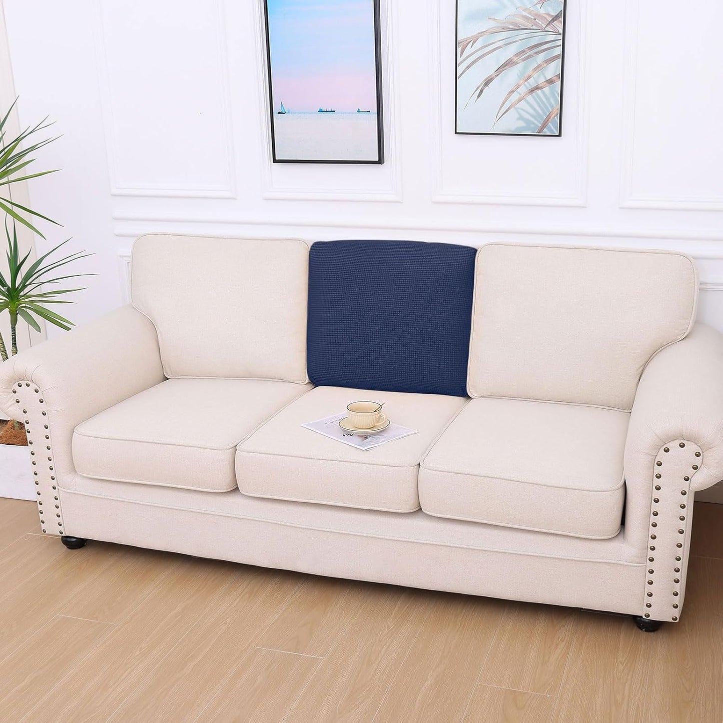 hyha Waterproof Couch Cushion Covers for Pets, Non Slip Sofa Seat Cover for Dogs Washable, Soft Thick Stretch Jacquard Fabric, Sofa Slipcovers with Elastic Bottom (1 Piece for Backrest L, Navy)