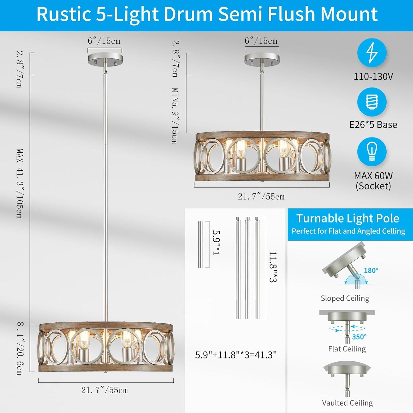 XINGQI 21.7'' Modern Farmhouse Chandelier Drum Pendant Lighting Fixture Hanging Ceiling Lamp for Living Dining Room Over Table, 5 Lights Antique Wood Grain Brushed Nickel with Round Metal