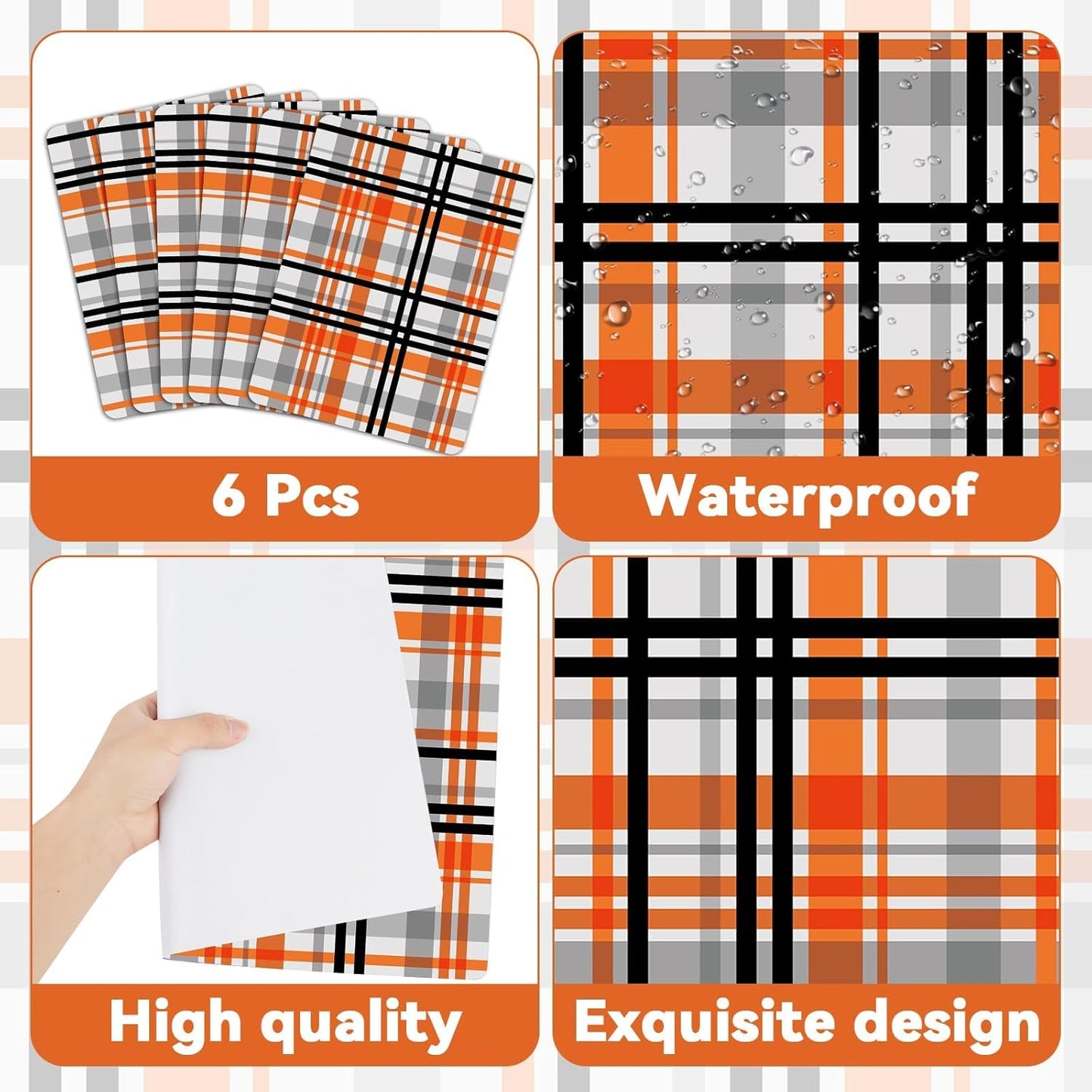 Fall Placemats Set of 6 Fall Orange Black Buffalo Plaid Plastic Table Mats Autumn Thanksgiving Place Mats Halloween Seasonal Table Decoration for Indoor Outdoor Party Kitchen Dining