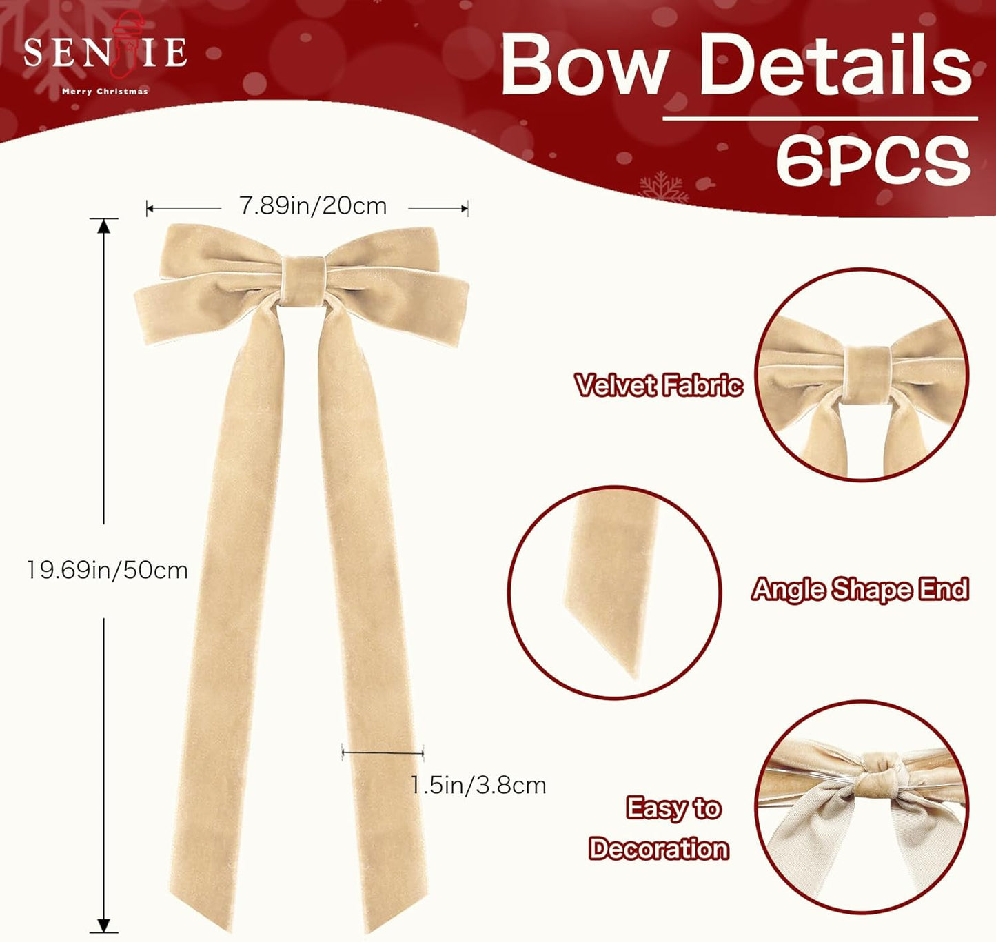 Senjie Velvet Large Christmas Bows for Staircase Garland Wreath, 20in x 8in Vintage Ribbon Bows with Twist Tie for Xmas Tree Holiday Indoor Outdoor Decorations (6Pcs, Khaki)
