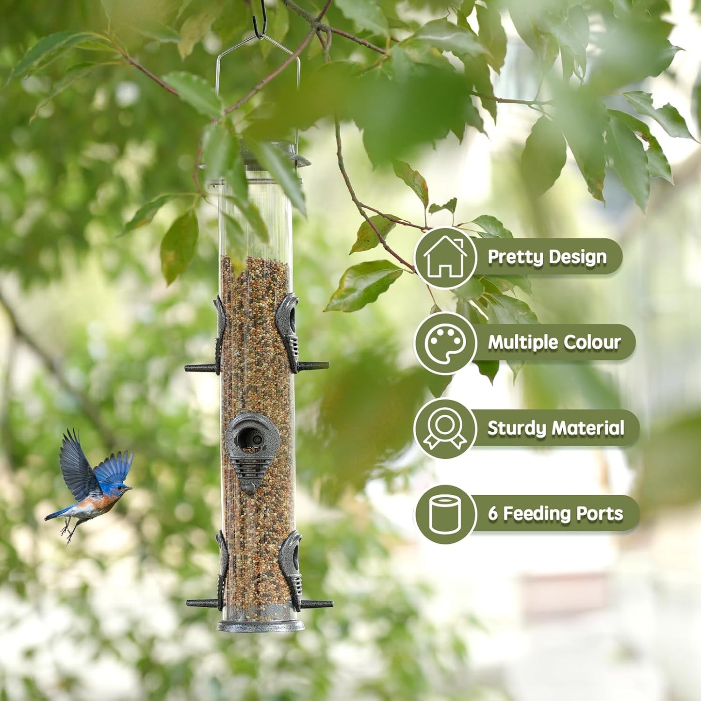MIXXIDEA 2PK Metal Wild Bird Feeder Squirrel Proof Bird Feeders for Outside Hanging 6 Port Tube Bird Feeder Transparent Finch Feeder with Steel Hanger (Grey)