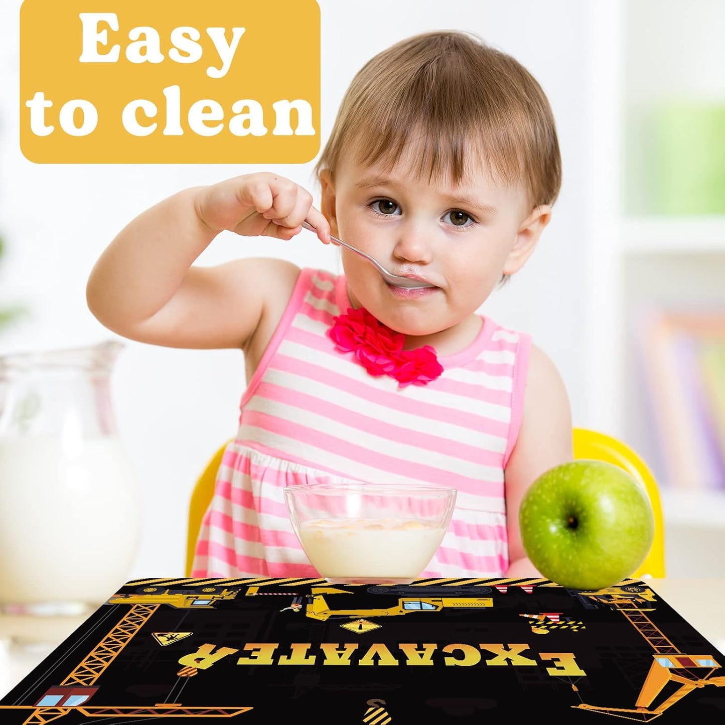 Construction Placemats Set of 6 Toddler Plastic Table Mats Dump Truck Place Mats Washable Vinyl Nursery Homeschool Table Decoration for Indoor Outdoor Party Kitchen Dining