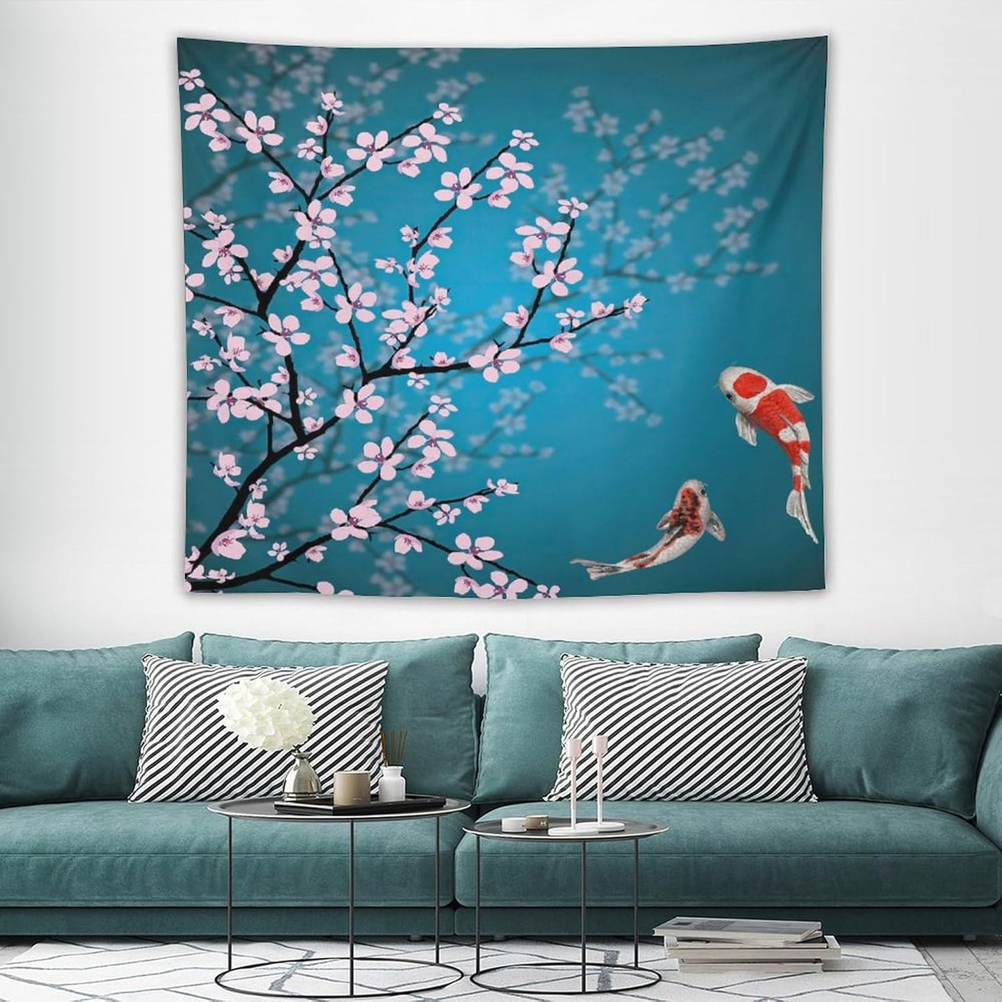Japanese Koi Fish Tapestry, Cherry Blossoms Asian Oriental Green Teal Flower Branch Koi Fish Carp Tapestries Wall Hanging for Bedroom Living Room Office Decor 60"x50"