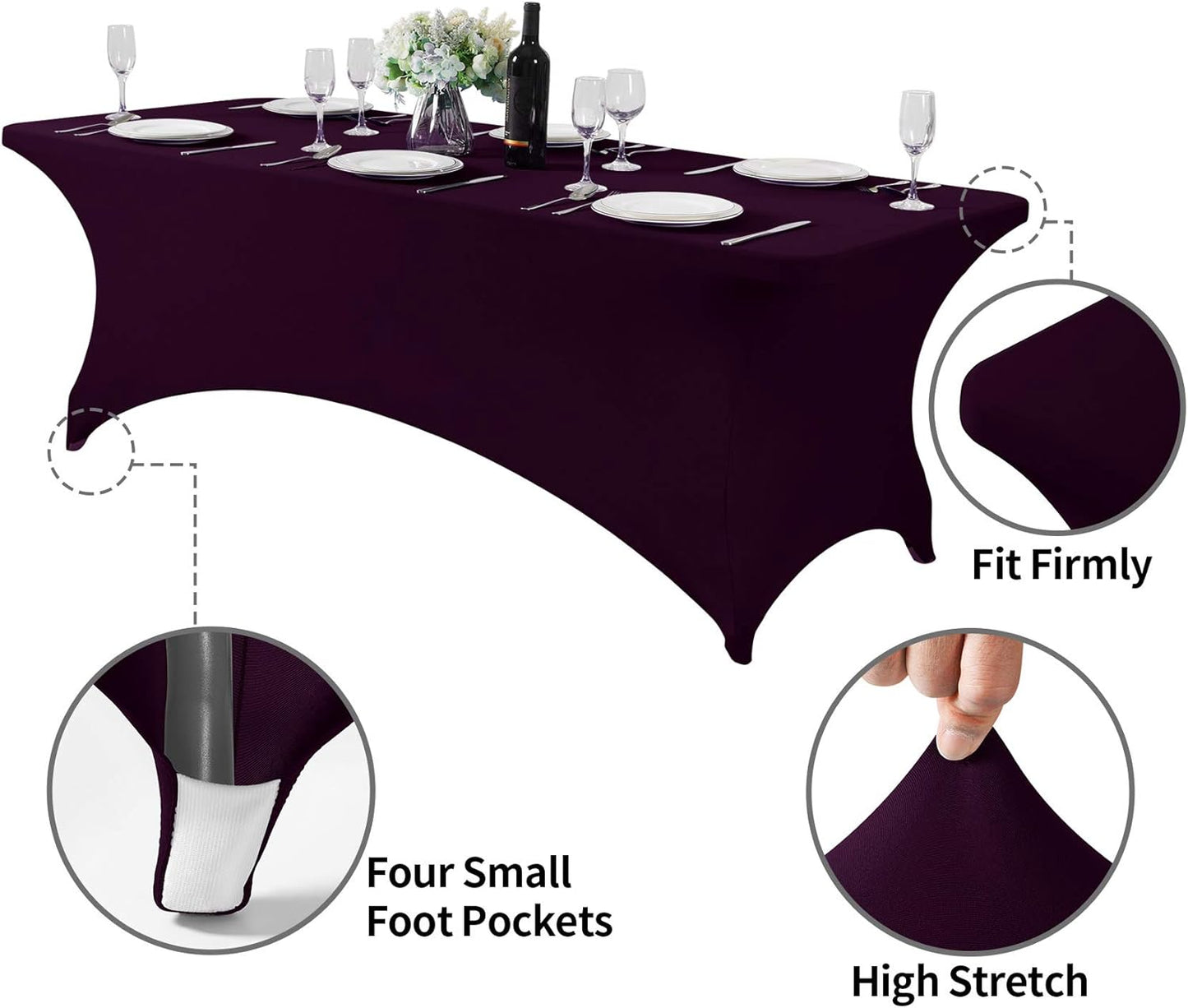 2Pack Spandex Table Cover for 8FT or 4ft or 6ft Table Universal Fitted Stretch Tablecloth for Party, Banquet, Wedding and Events-Eggplant