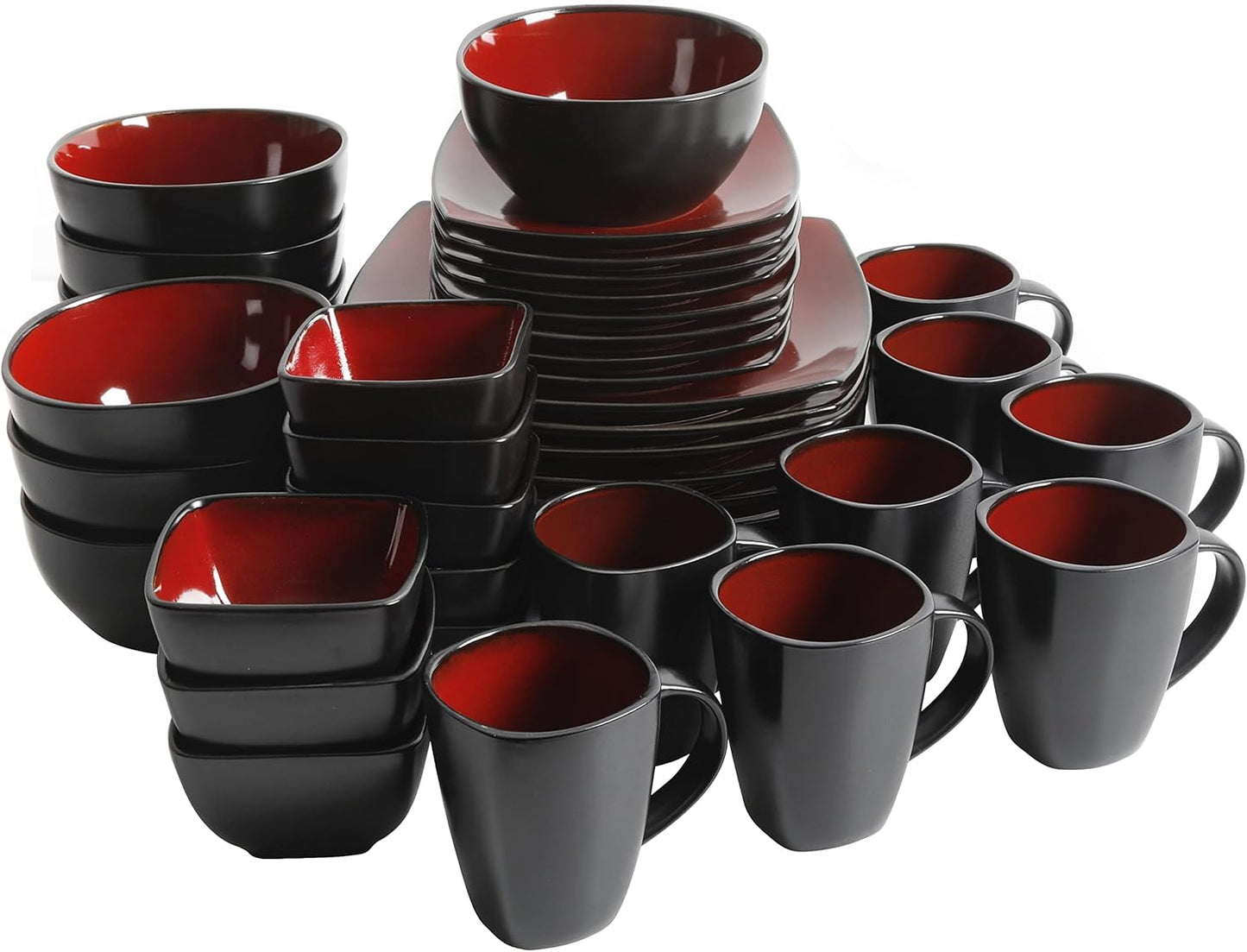Gibson Elite Soho Lounge Square Reactive Glaze Stoneware Dinnerware Set, Service for 8 (40pc), Red/Black