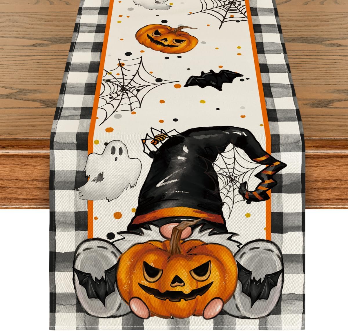 Artoid Mode Buffalo Plaid Gnome Bat Pumpkin Ghost Halloween Table Runner, Sensonal Kitchen Dining Table Decor for Home Party 13x48 Inch