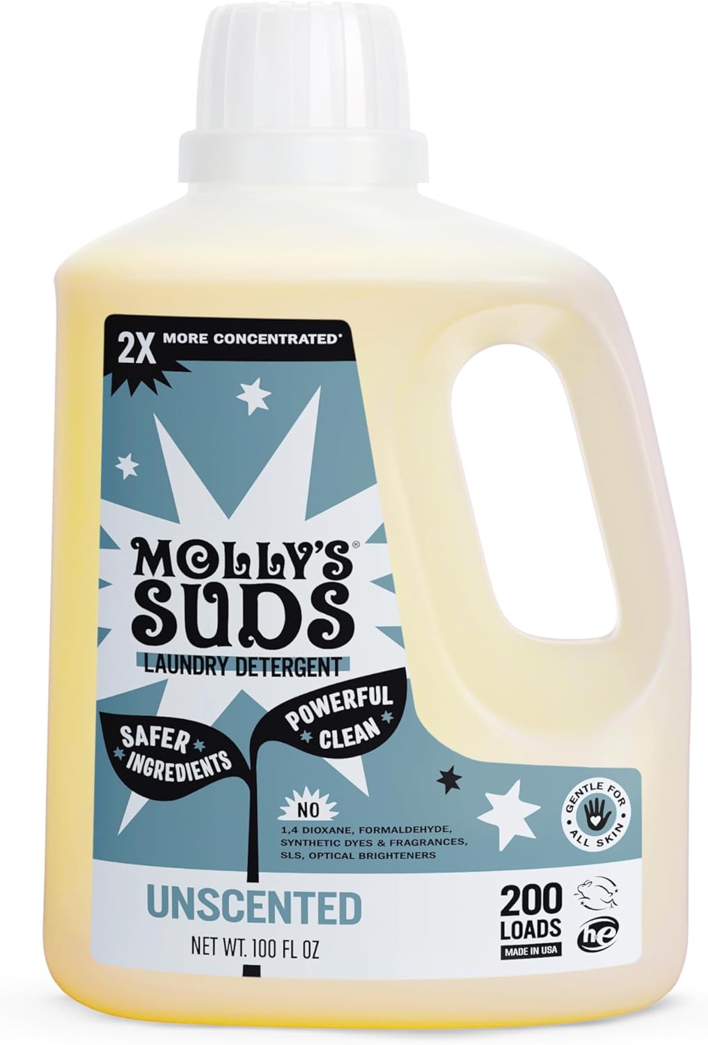Molly's Suds Liquid Laundry Detergent | Clean Laundry Detergent Soap for Sensitive Skin | 2x Concentrated, High Efficiency (HE) (Unscented - 200 Loads)