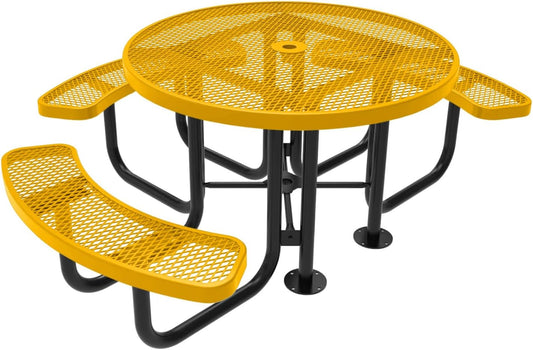 Heavy-Duty Portable Outdoor Picnic Table with Umbrella Hole, Expanded Metal Patio Dining Furniture Made in America (46" Round Top, Yellow)