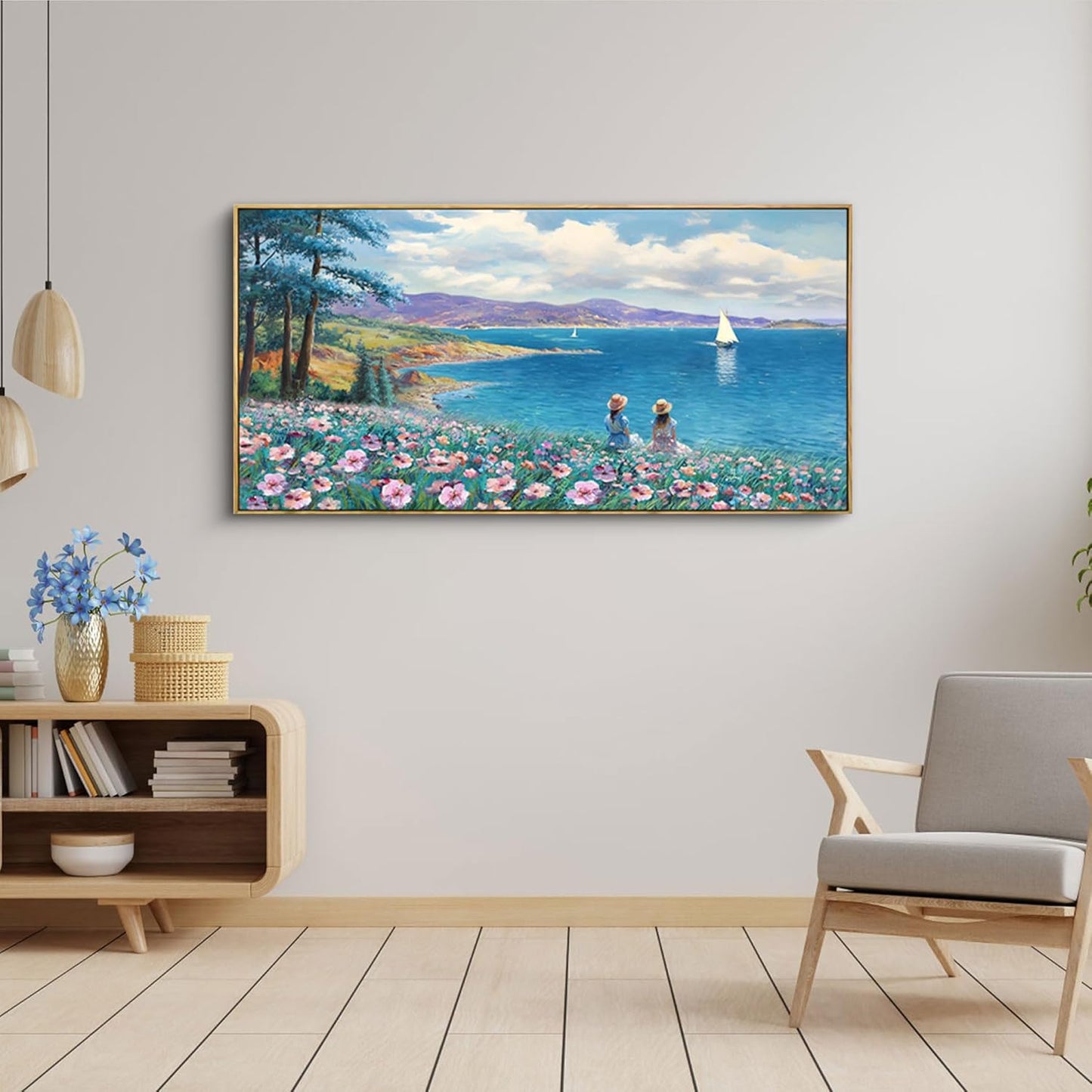 XLSJERST Landscape Wall Art - Blue Ocean Pink Flower Sailboat Mountain Tree Decor Orange Frame Artwork for Wall Large Picture for Living Room Bedroom Home Office Wall Decoration Size 20x40