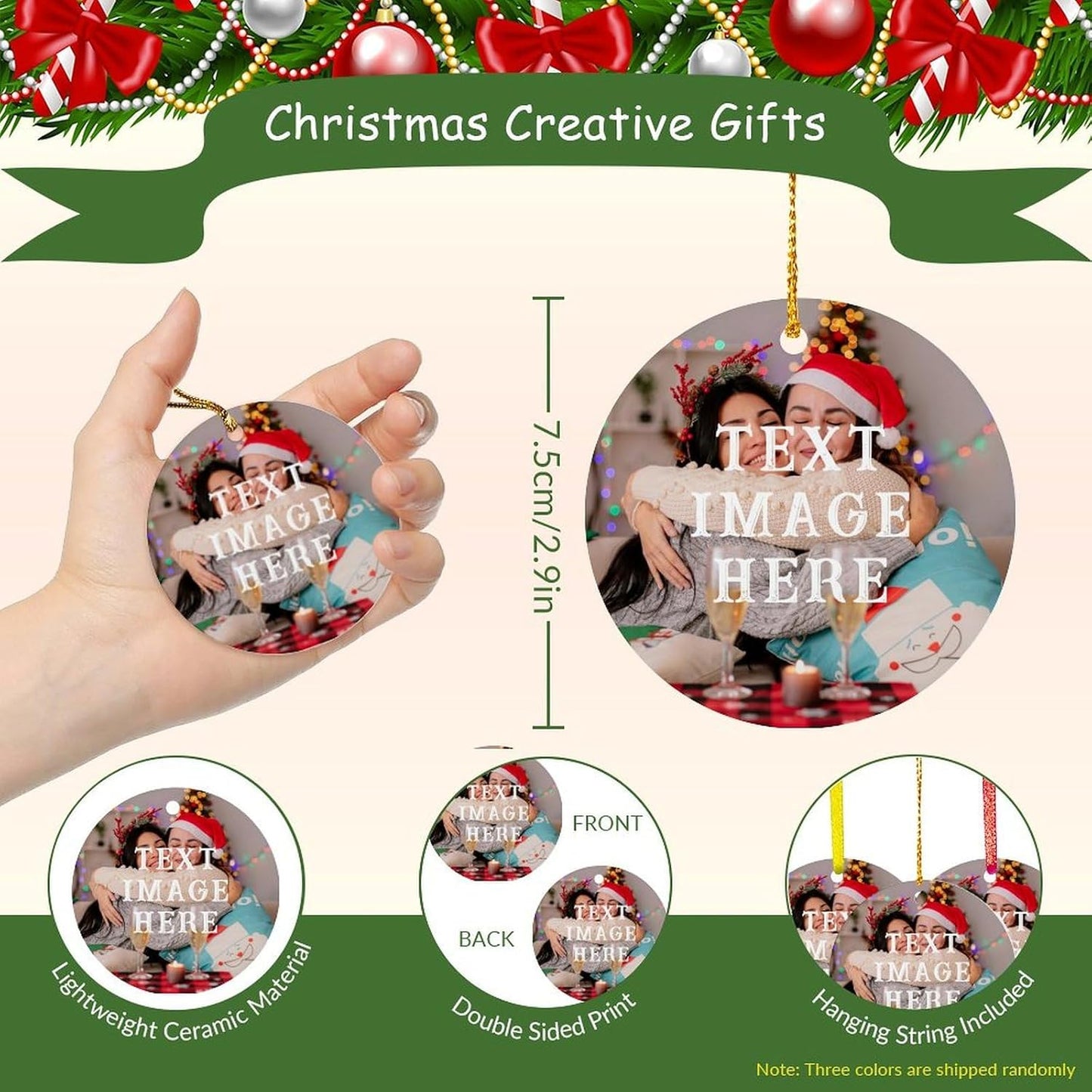 Personalized Christmas Ornaments 2024 Custom Photo Picture Text Ornament for Christmas Tree Hanging Customized Ceramic Home Holiday Decorations Gift for Xmas Kids Couples Family Dogs 2-Side Print 2.9"