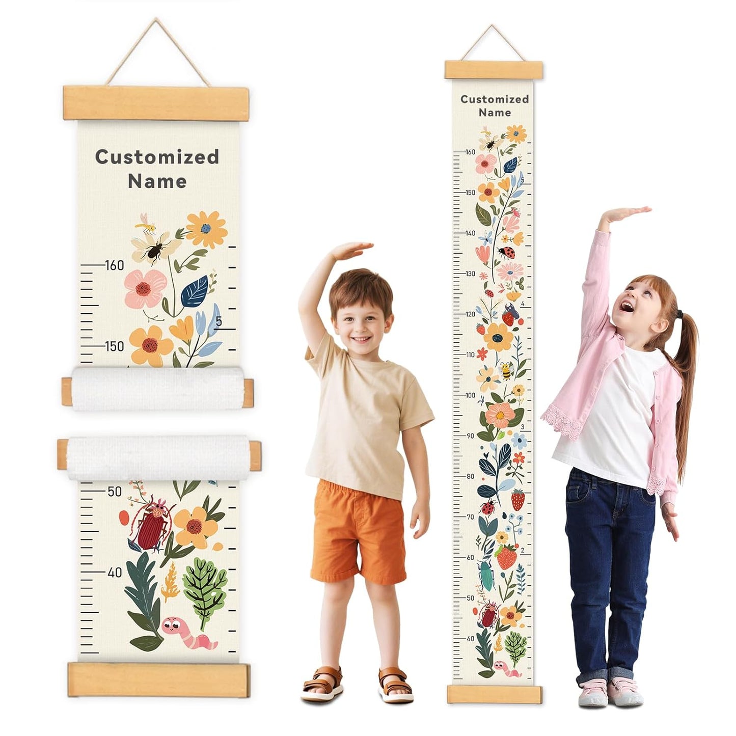 Personalized Name Growth Chart Wall Decor for Kids – Canvas Removable Height Chart Measuring Ruler 59" x 7.9" (Flowers)