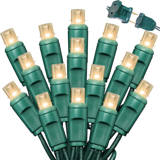 50Count String Lights, LED Christmas Lights, 6" SPACING,100% Quickly Twinkle,Green Wire,Warm White,Commercial Grade