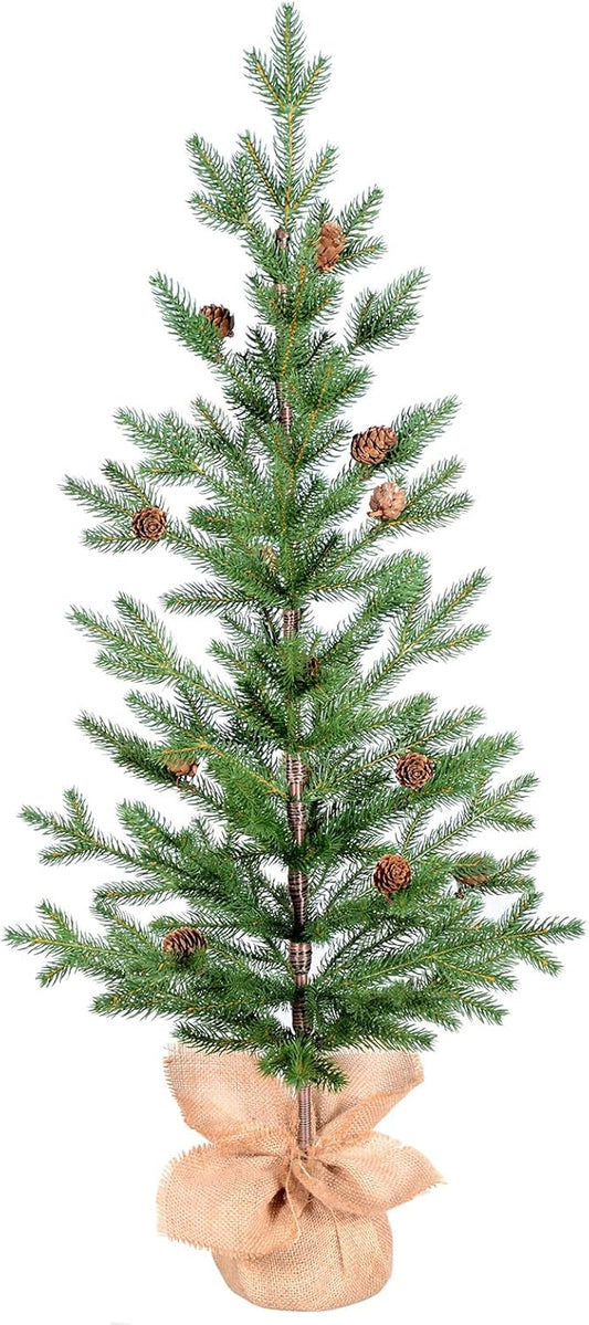 3FT Tabletop Artificial Christmas Tree, 209 Realistic PE Branches, Pine Cone Decorations, Unlit, Cement Base Wrapped in Burlap, Green