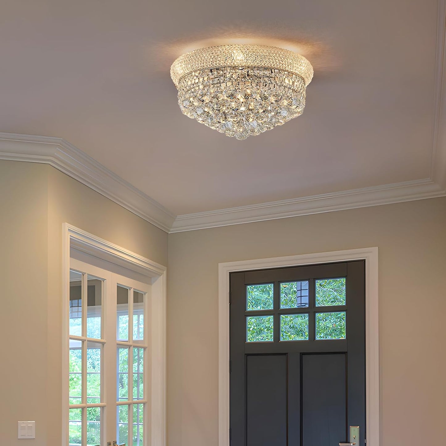 7-Light Crystal Flush Mount Chandelier Ceiling Light Fixture for Living Room Dining Room Bedroom Foyer Entryway Hallway Closet Bathroom (Chrome D18)