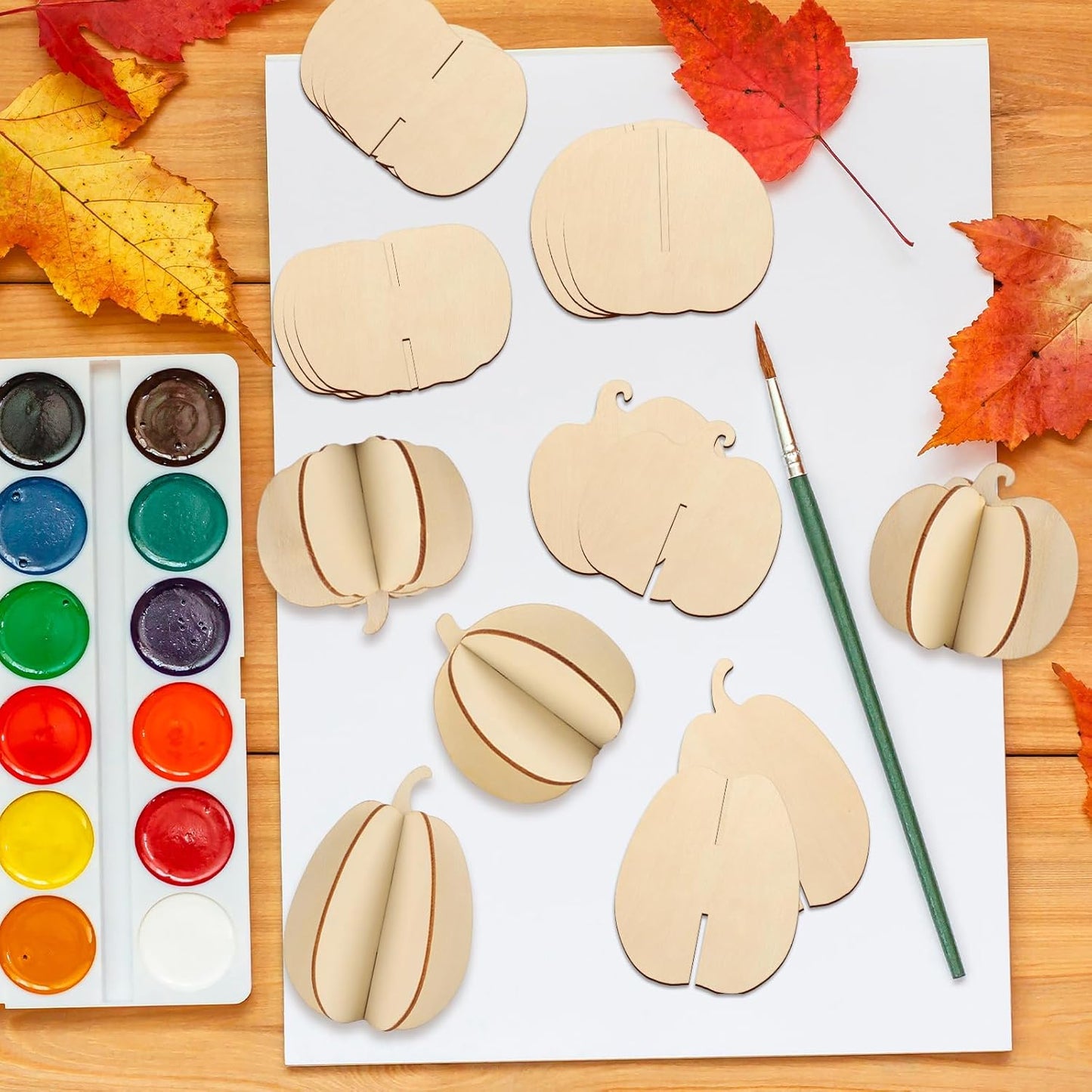 COCHIE DIY Fall 3D Pumpkins Wood Crafts to Paint for Kids Adults, Paintable Unfinished Wooden Slices for Craft, Pumpkin Cutouts Ornaments for Painting Decorations (24 PCS)