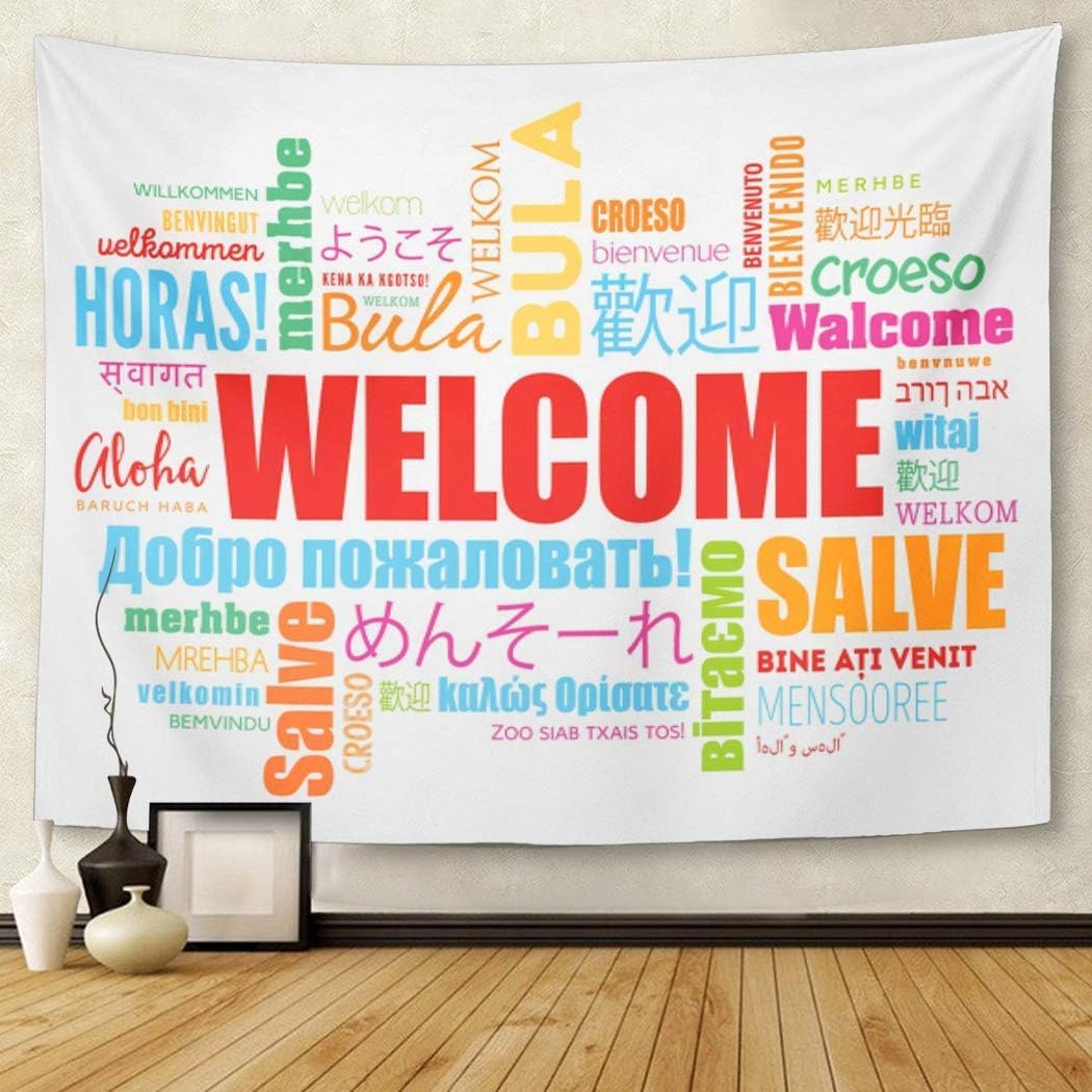 TOMPOP Tapestry World Welcome Word Cloud in Different Languages Conceptual Multilingual Home Decor Wall Hanging for Living Room Bedroom Dorm 60x80 Inches
