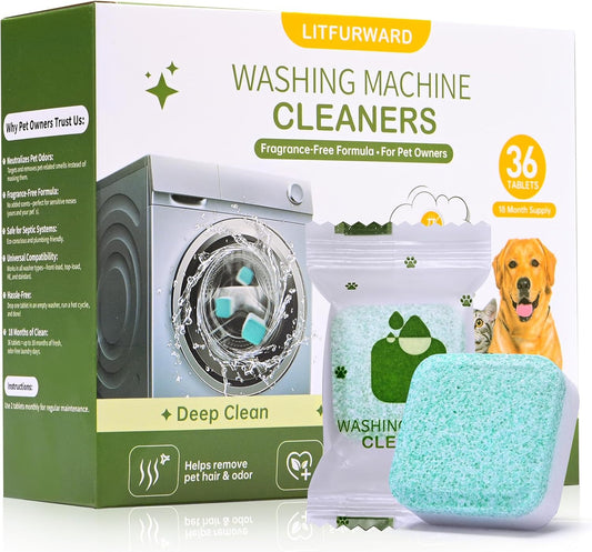 Washing Machine Cleaner Tablets – 36 Count, 18-Month Supply – Pet Hair & Odor Remover – Safe for Septic, Works with All Washers – Unscented – Washer Cleaner for Pet Owners