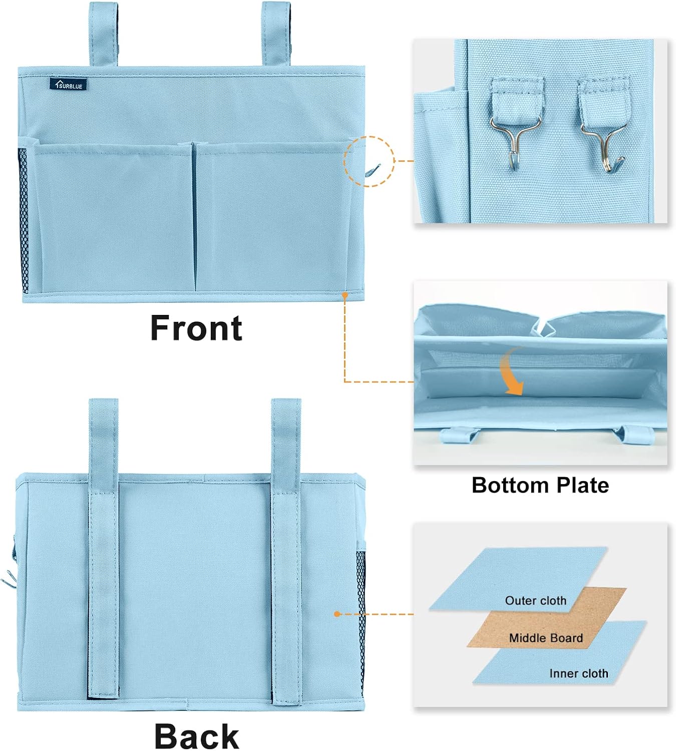 Surblue Bedside Caddy Hanging Organizer Bedside Storage Bag for Bunk and Hospital Beds (Small, Skyblue)