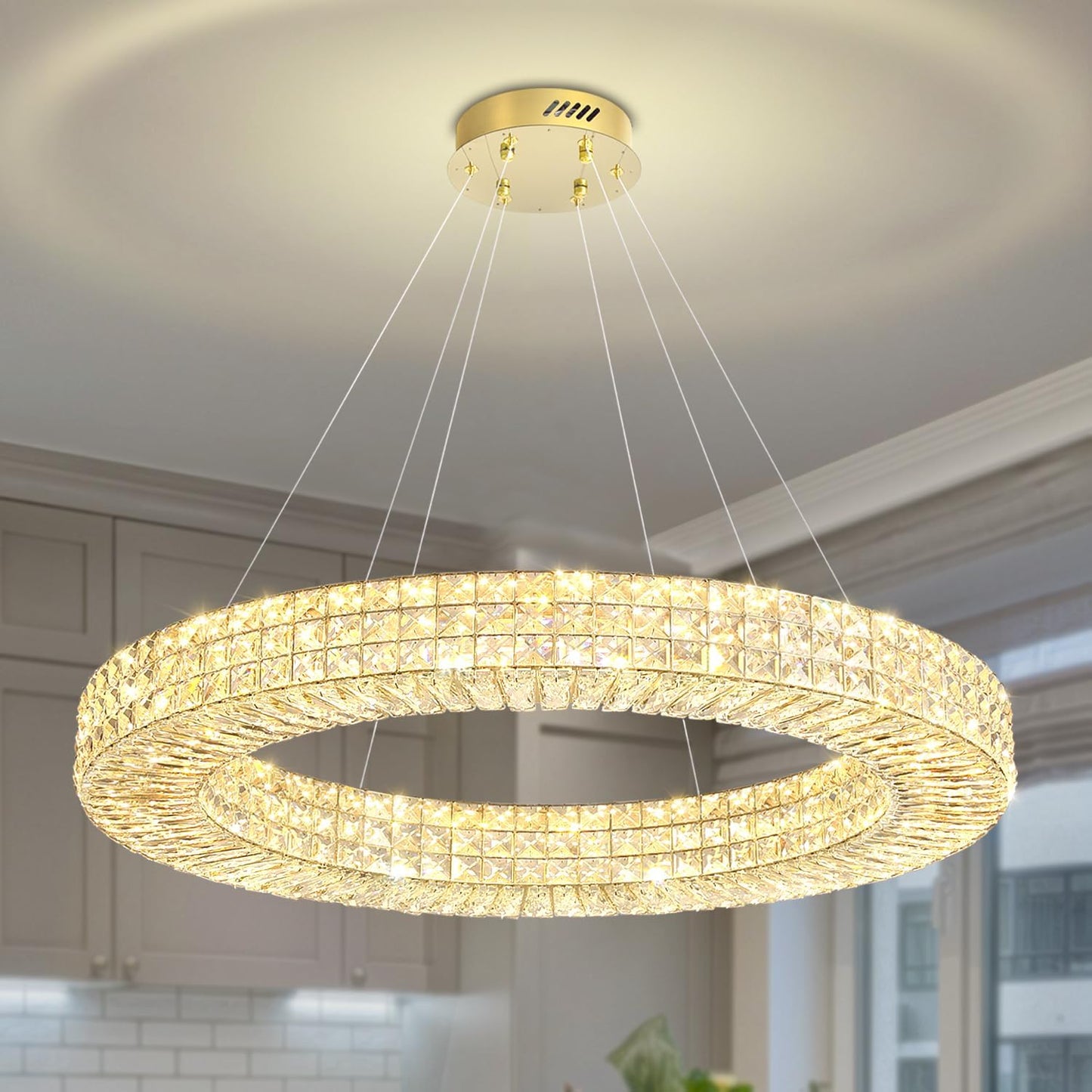 Dia 40" Modern Crystal Chandelier Ring Chandelier Adjustable Height Luxury Crystal Pendant Ceiling Light Fixture for Dining Living Room Bedroom