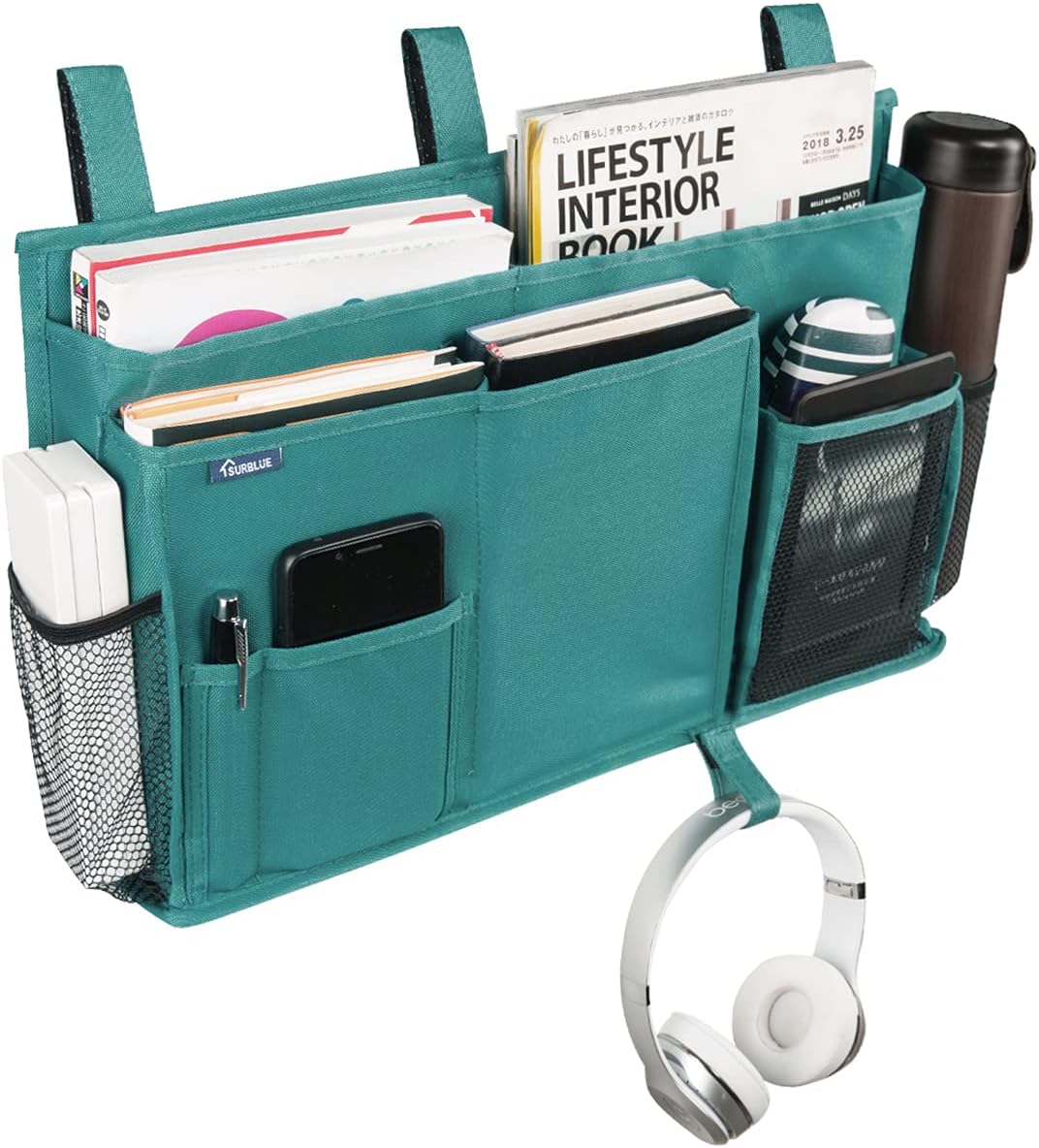 Surblue Caddy Hanging Organizer Bedside Storage Bag for Bunk and Hospital Beds, Teal, L
