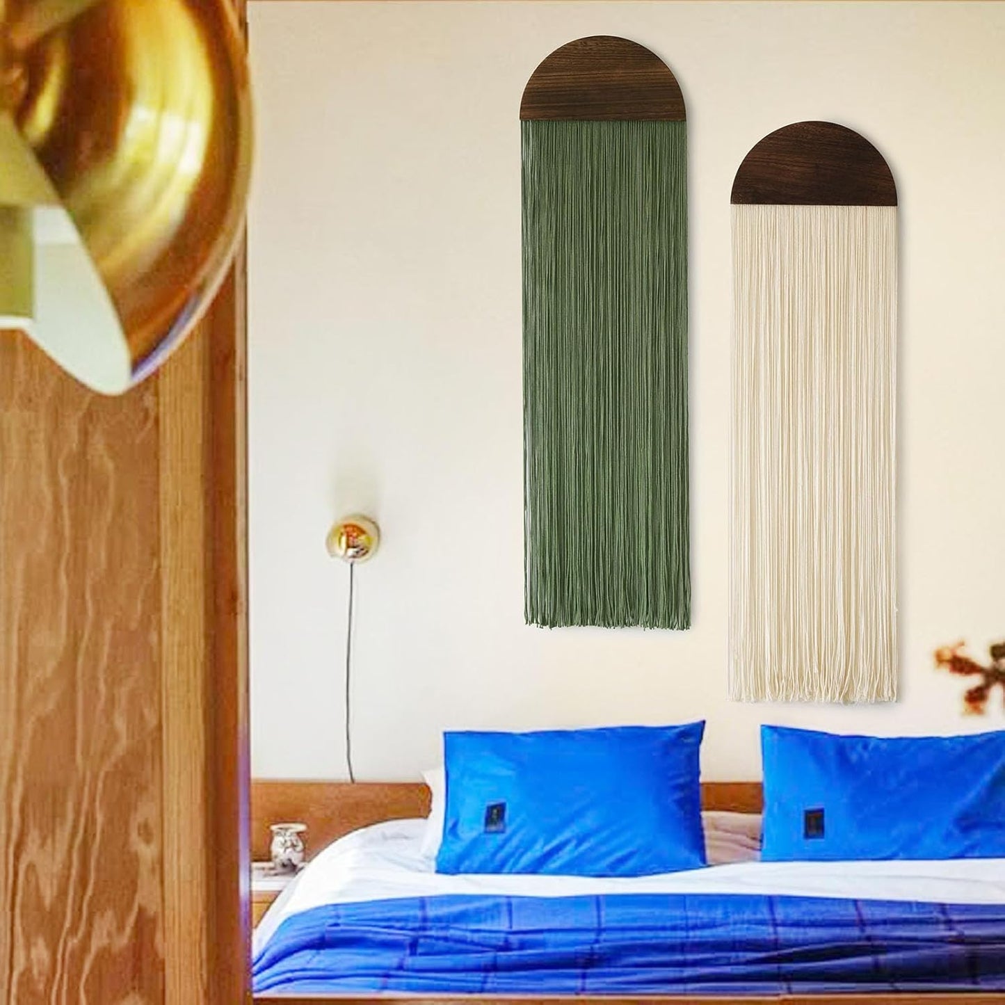 Flber 2 Pcs Macrame Wall Hanging Boho Decor Wall Tapestry Handmade Round Tassel 13.7" W x 51" L For Living Room Bedroom Headboard Decor