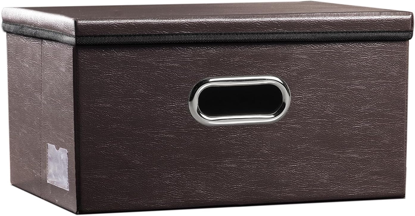 PRANDOM Collapsible Storage Box with Lid [1-Pack] Leather Fabric Foldable Storage Bin Organizer Container Basket Cube with Cover for Home Bedroom Closet Office Nursery Brown (13.6x9.6x6.9)