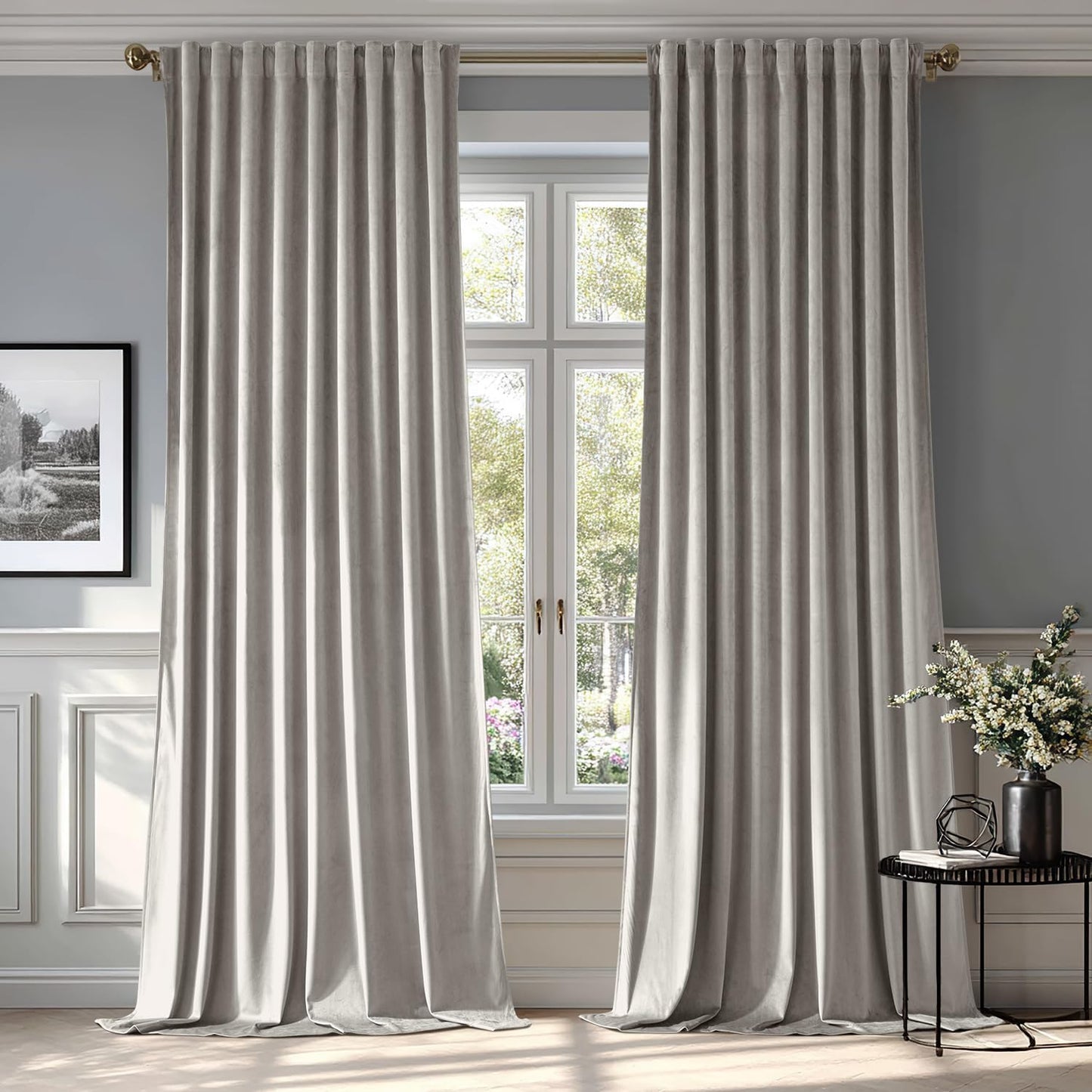 MIULEE Silver Gray Velvet Curtains 108 inches 2 Panels - Luxury Room Darkening Window Drapes for Bedroom Living Room Thermal Insulated Super Soft Blackout Extra Long, Back Tab Rod Pocket Pinch Pleated